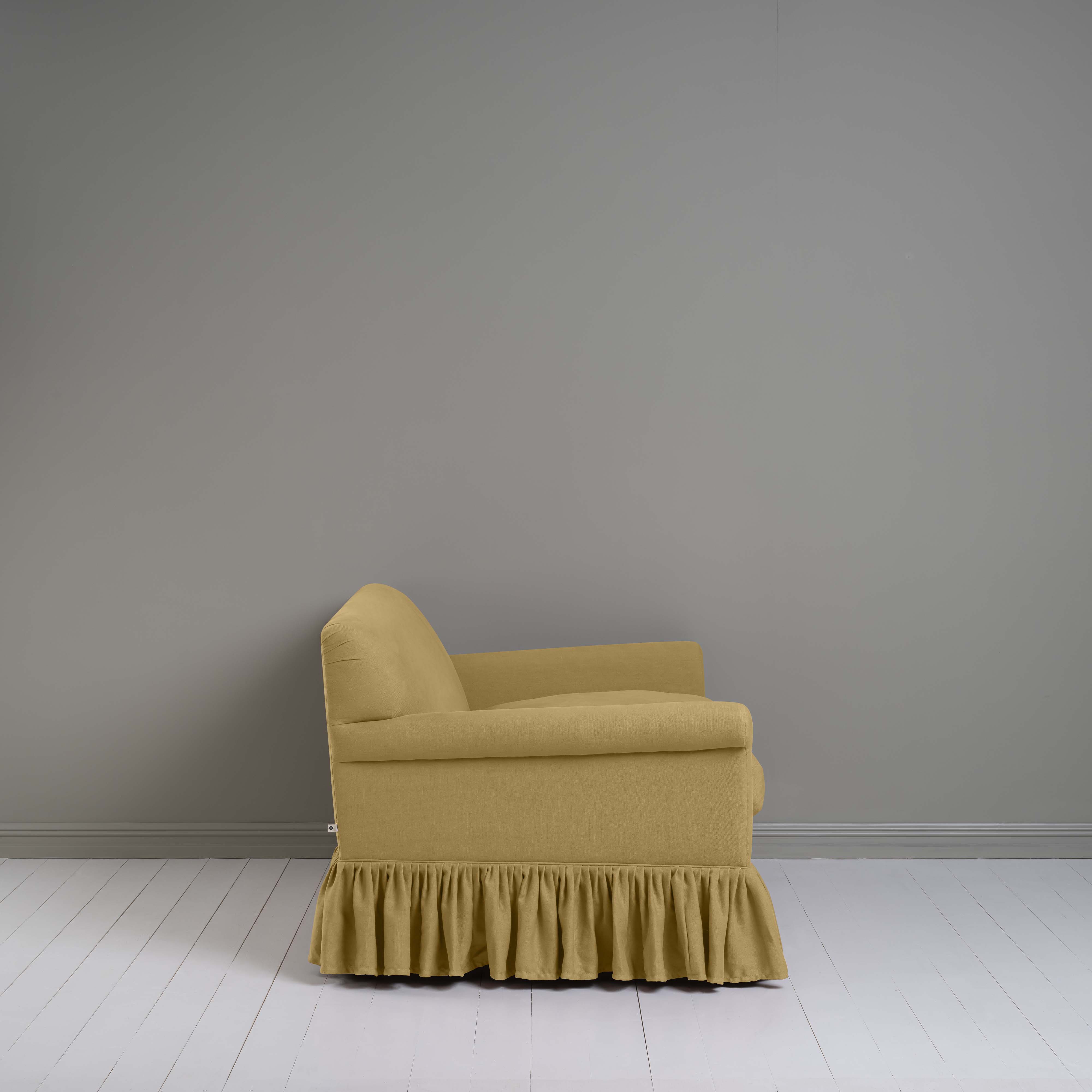 Curtain Call 2 Seater Sofa in Laidback Linen Ochre, Side View - Nicola Harding