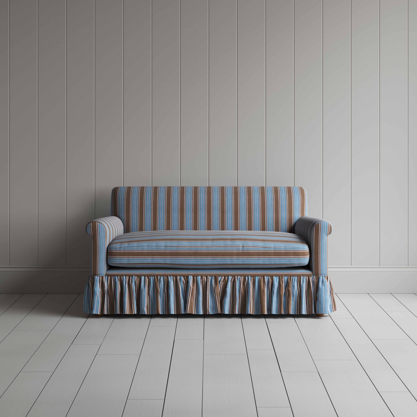 Curtain Call 2 Seater Sofa in Regatta Cotton, Blue, Front View - Nicola Harding
