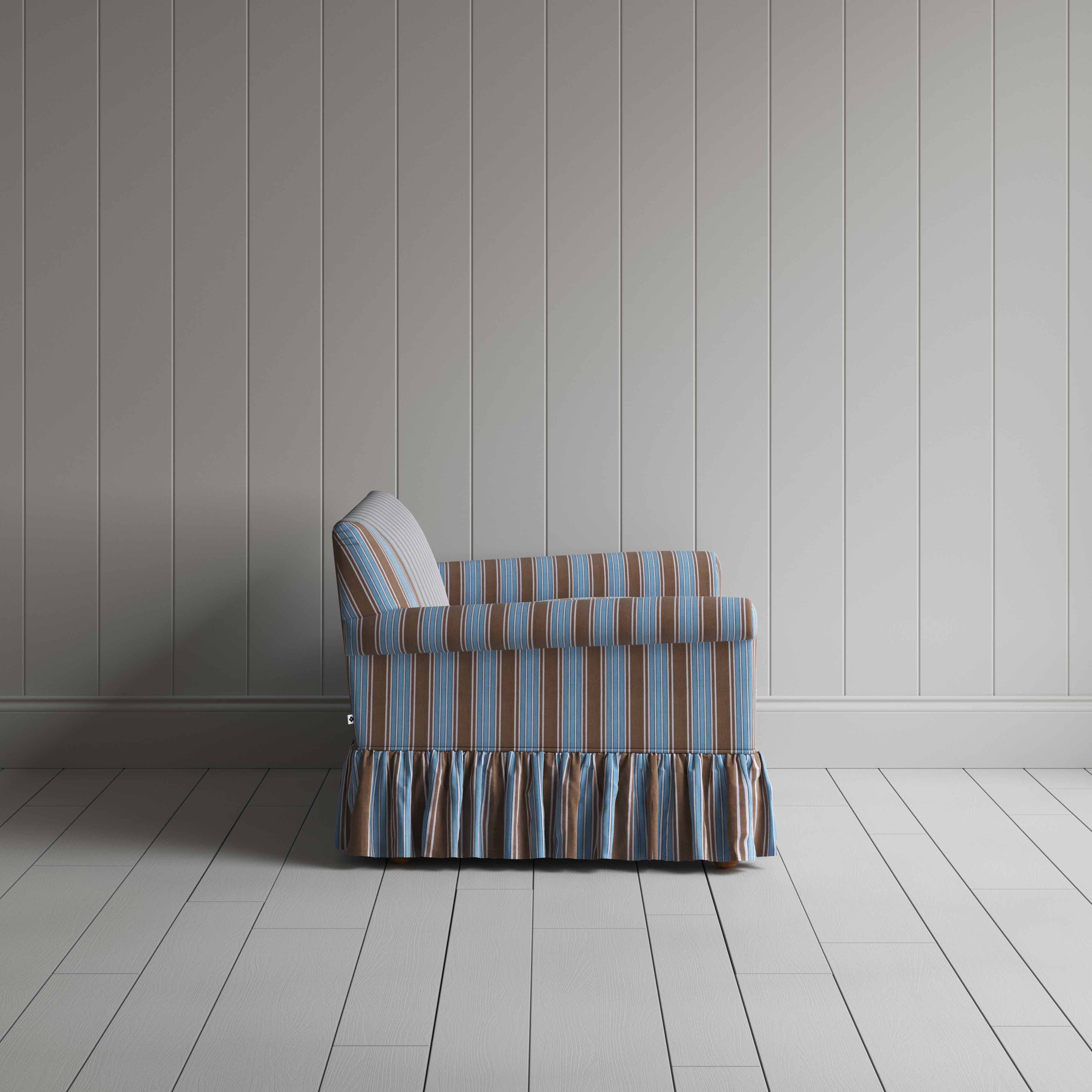 Curtain Call 2 Seater Sofa in Regatta Cotton, Blue, Side View - Nicola Harding