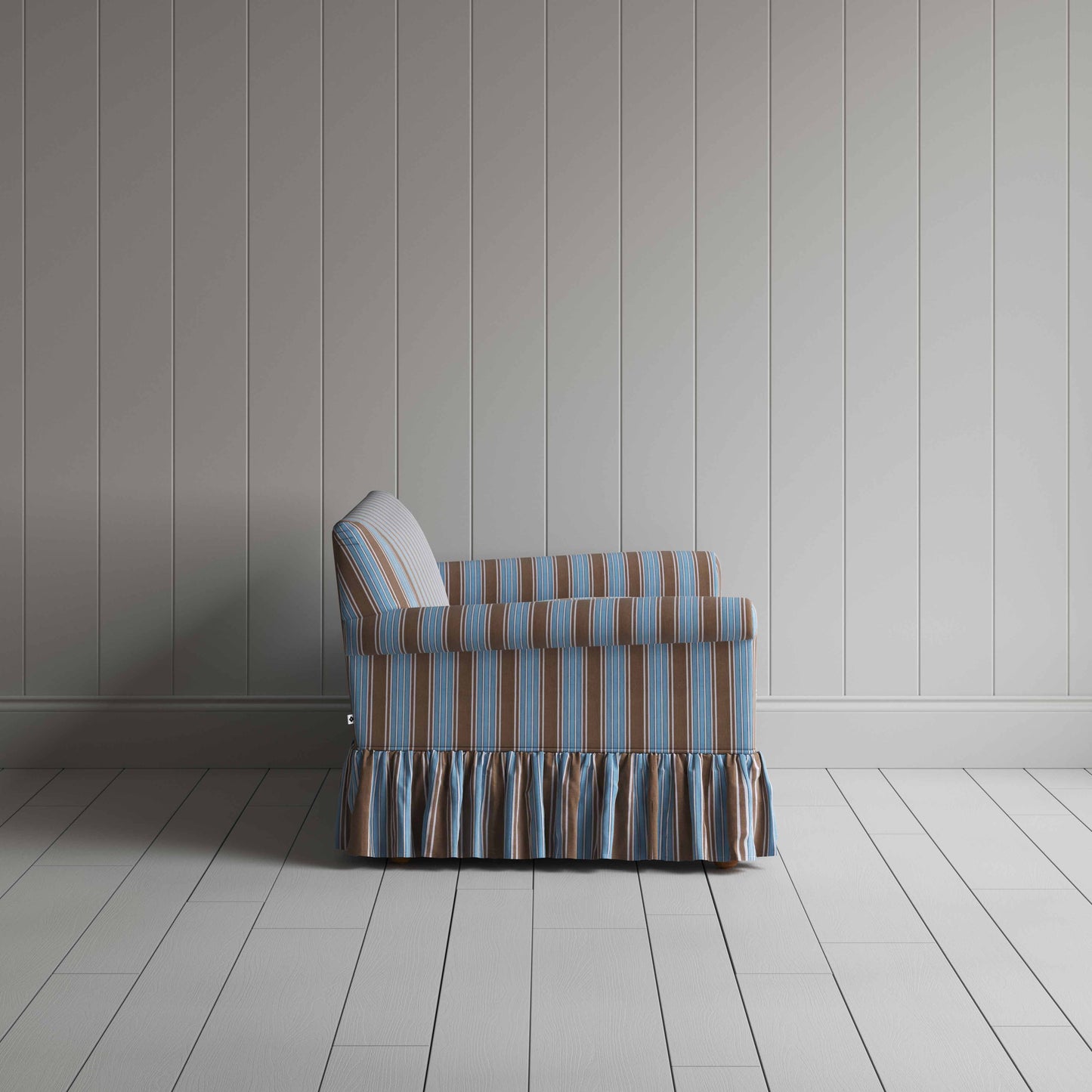 Curtain Call 2 Seater Sofa in Regatta Cotton, Blue, Side View - Nicola Harding