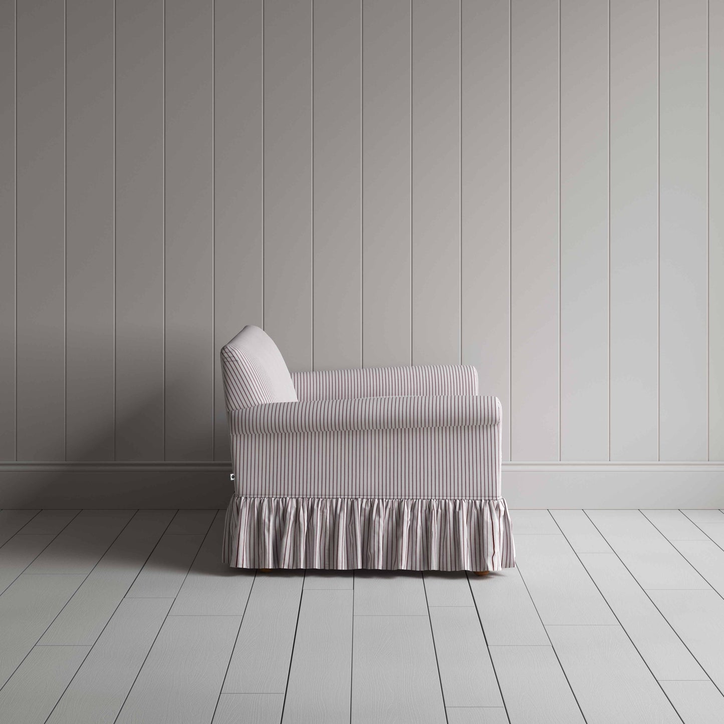 Curtain Call 2 Seater Sofa in Ticking Cotton, Berry, Side View - Nicola Harding