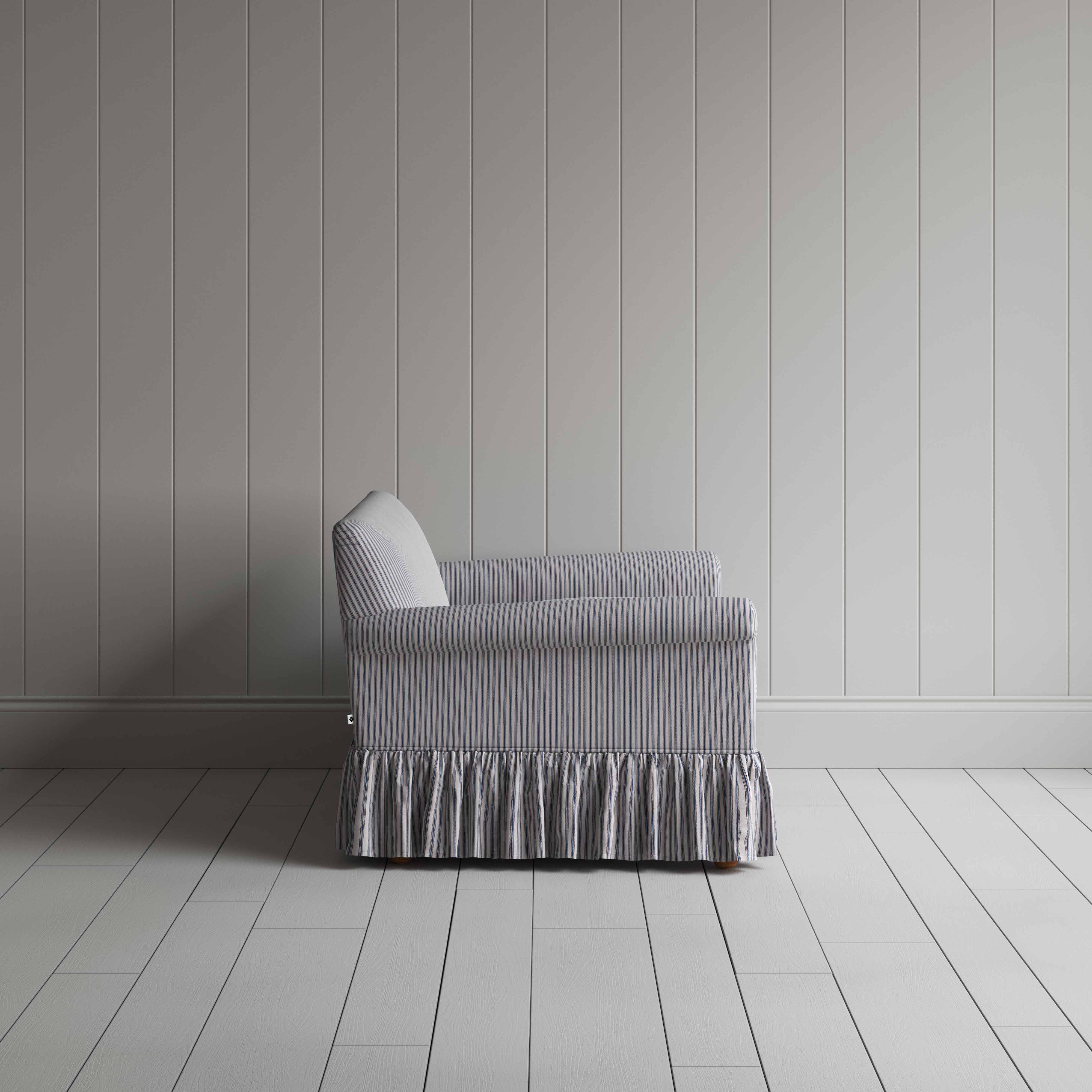 Curtain Call 2 Seater Sofa in Ticking Cotton, Blue Brown, Side View - Nicola Harding