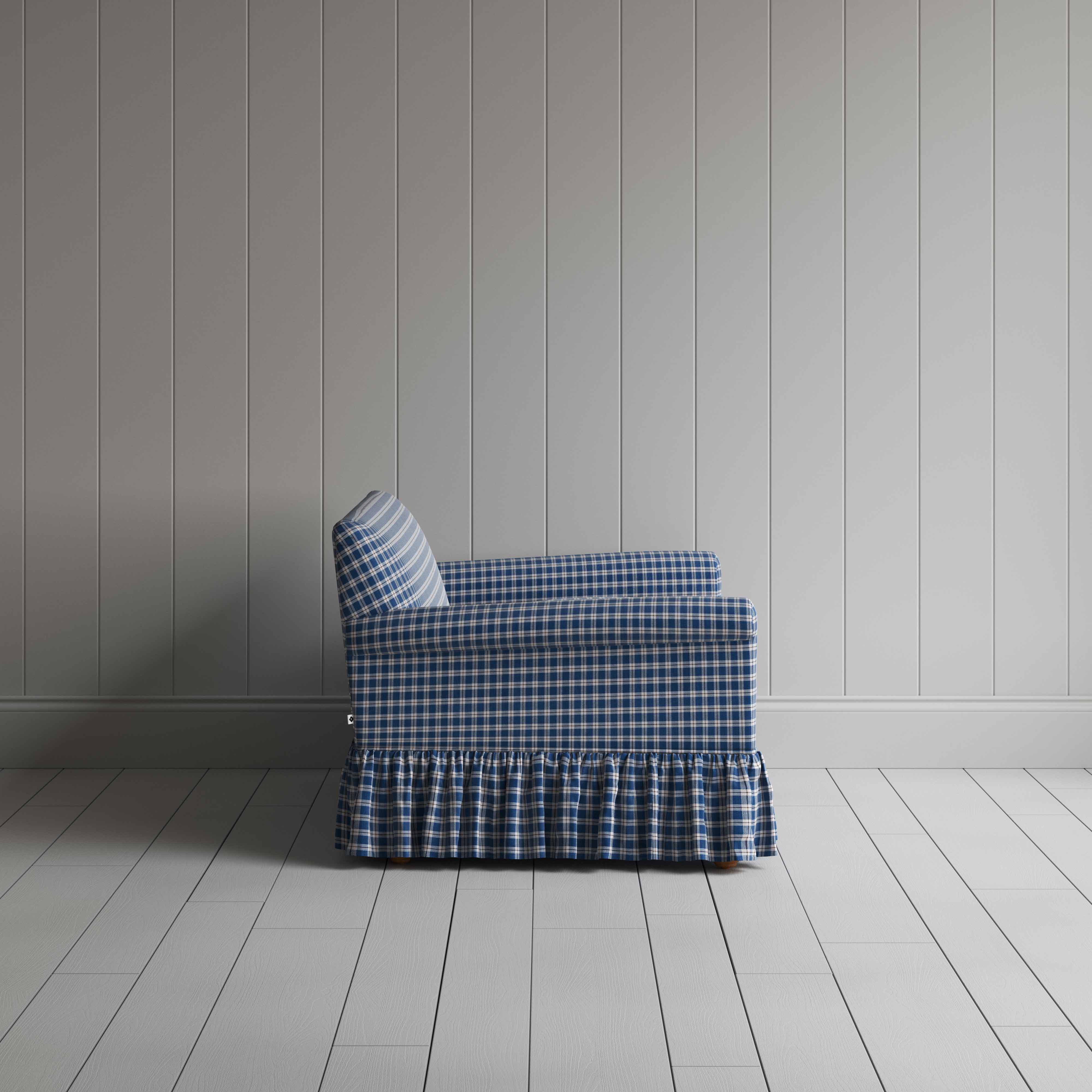 Curtain Call 2 Seater Sofa in Well Plaid Cotton, Blue Brown, Side View - Nicola Harding