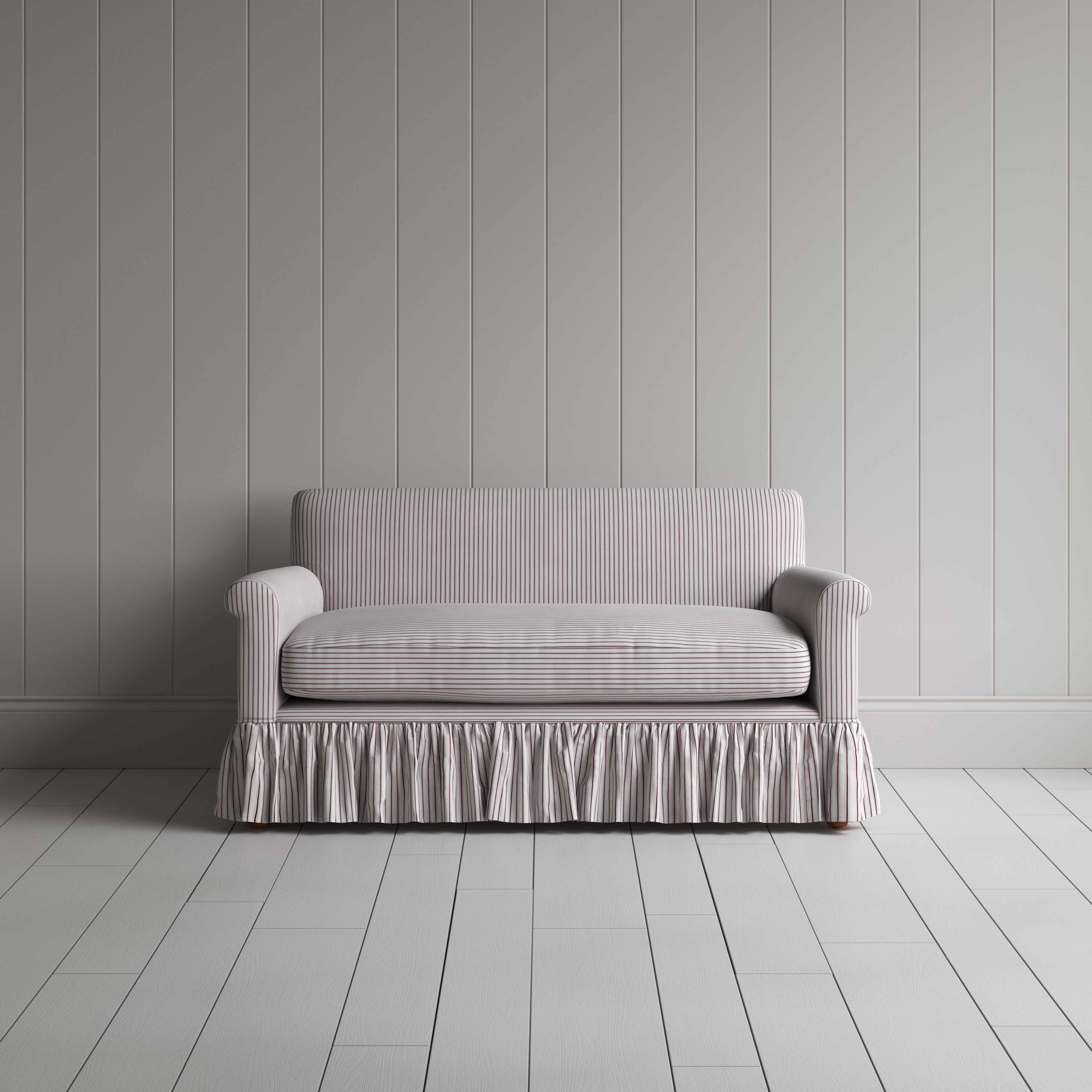 Curtain Call 2 Seater Sofa in Ticking Cotton, Berry, Front View - Nicola Harding