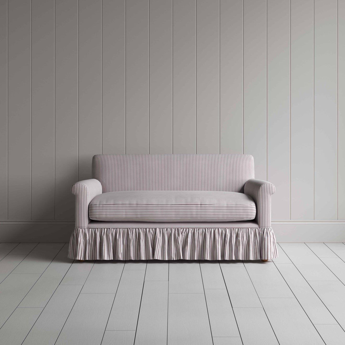 Curtain Call 2 Seater Sofa in Ticking Cotton, Berry, Front View - Nicola Harding
