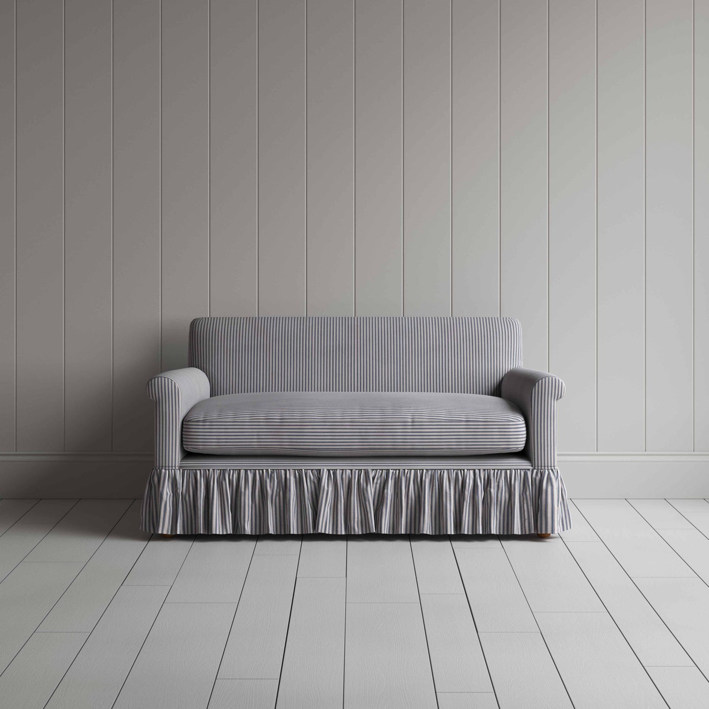 Curtain Call 2 Seater Sofa in Ticking Cotton, Blue Brown, Front View - Nicola Harding