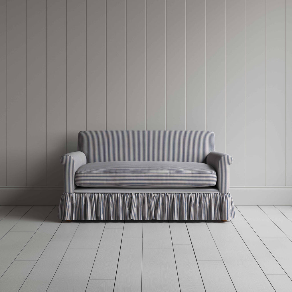 Curtain Call 2 Seater Sofa in Ticking Cotton, Blue Brown, Front View - Nicola Harding