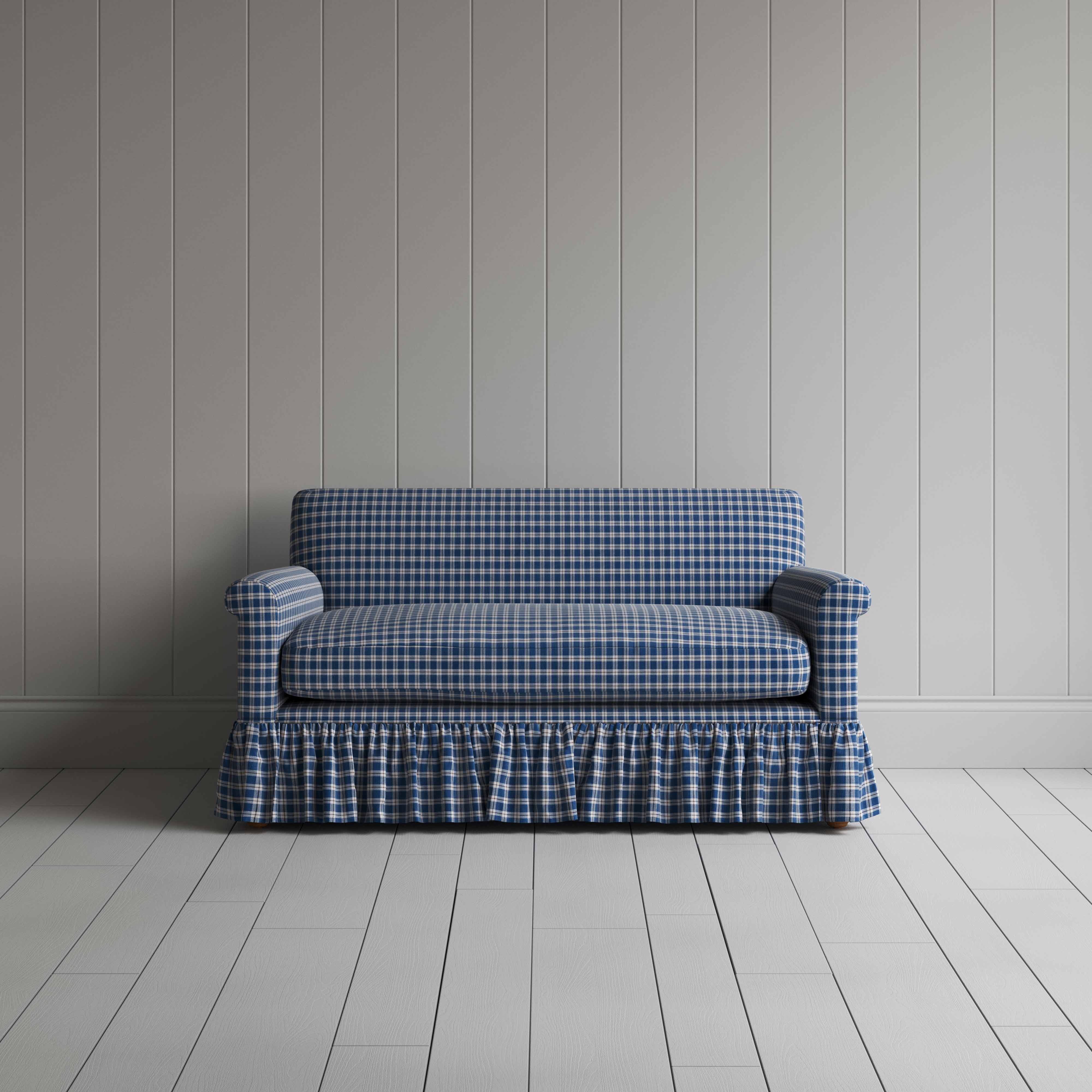 Curtain Call 2 Seater Sofa in Well Plaid Cotton, Blue Brown, Front View - Nicola Harding