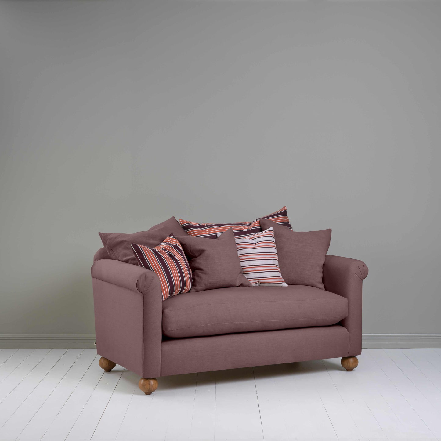 Dolittle 2 Seater Sofa in Laidback Linen Damson, With 6 NiX Cushions - Nicola Harding