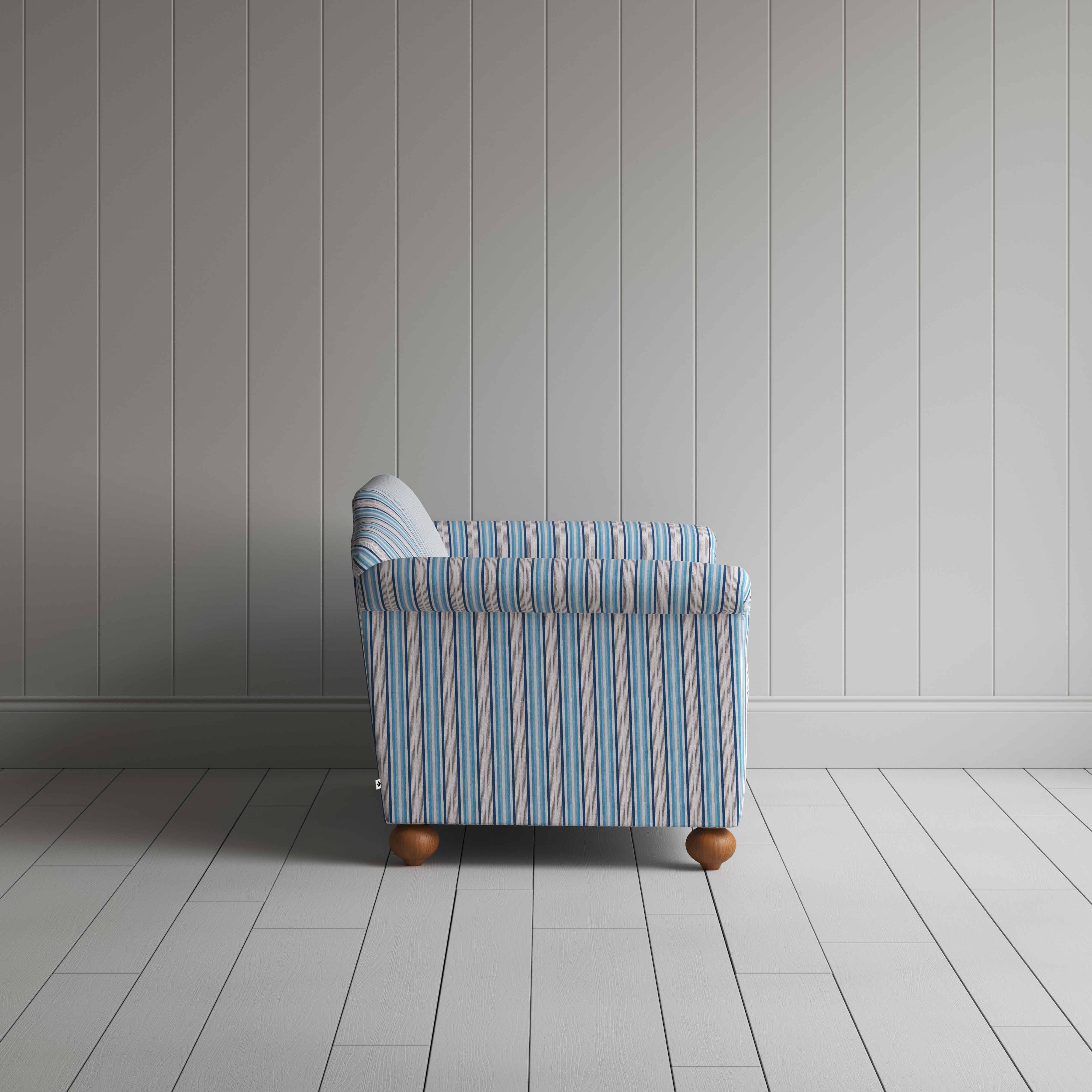 Dolittle 2 Seater Sofa in Slow Lane Cotton Linen, Blue, Side View - Nicola Harding