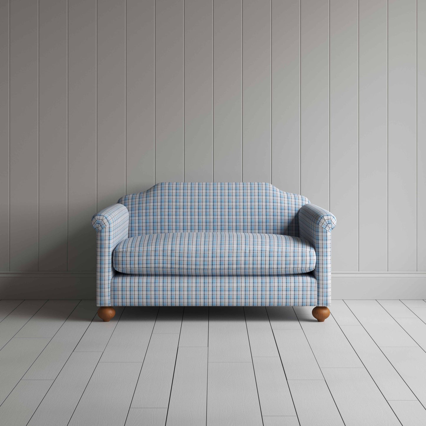 Dolittle 2 Seater Sofa in Square Deal Cotton, Blue Brown, Front View - Nicola Harding
