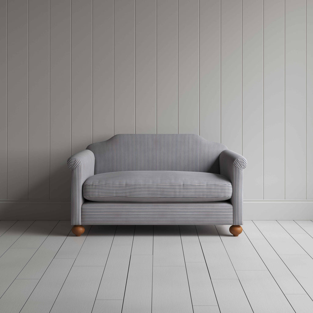 Dolittle 2 Seater Sofa in Ticking Cotton, Blue Brown, Front View - Nicola Harding
