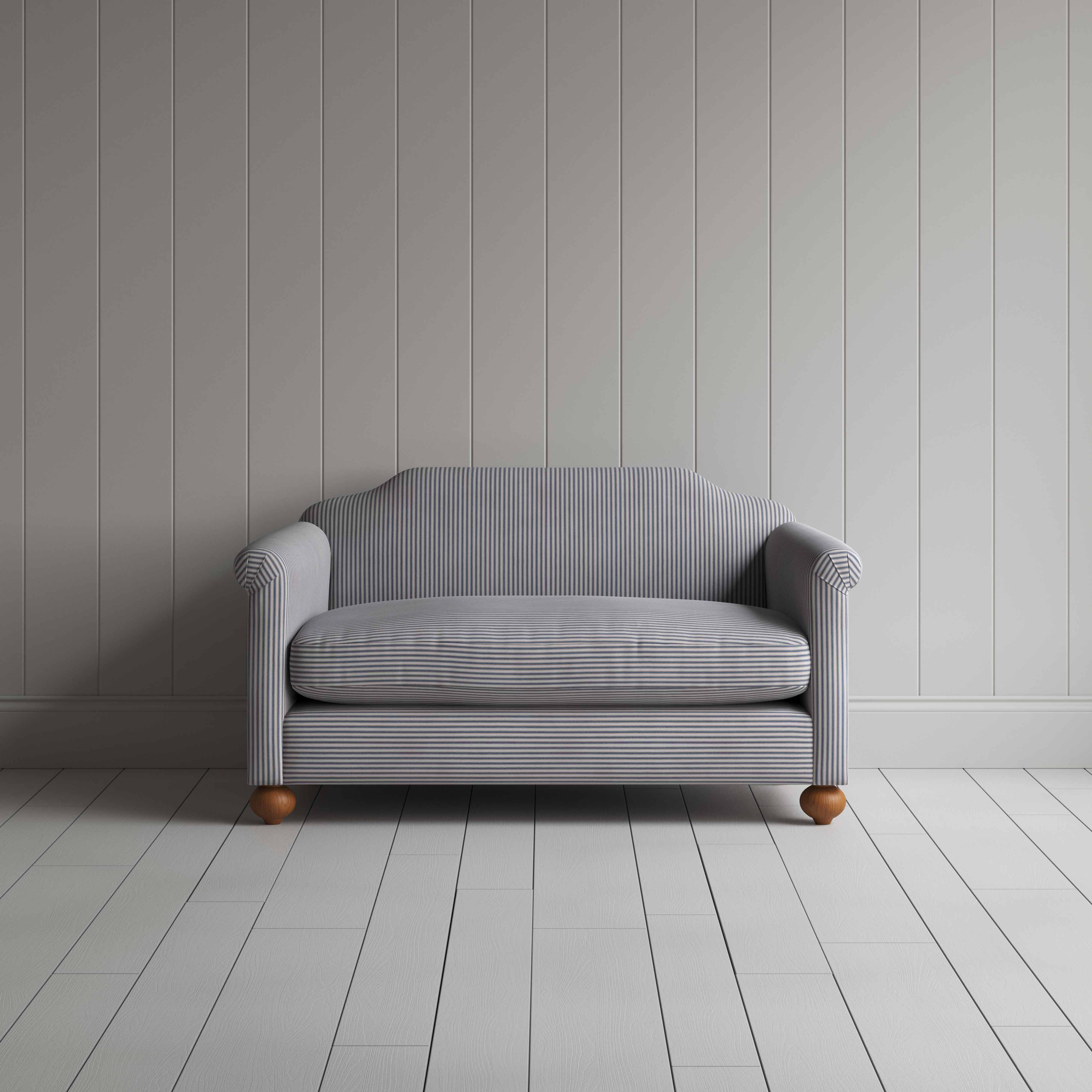 Dolittle 2 Seater Sofa in Ticking Cotton, Blue Brown, Front View - Nicola Harding