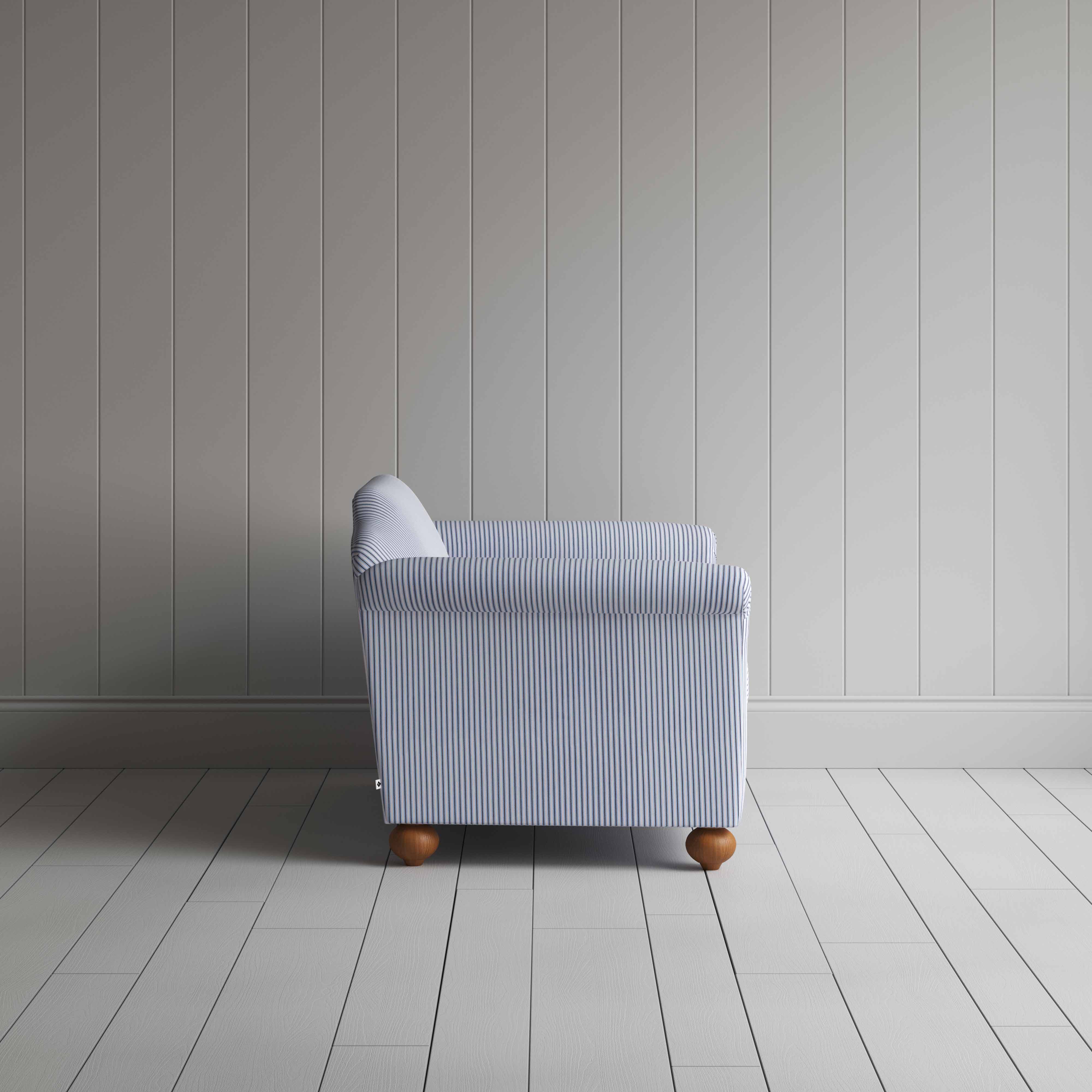 Dolittle 2 Seater Sofa in Ticking Cotton, Aqua Brown, Side View - Nicola Harding