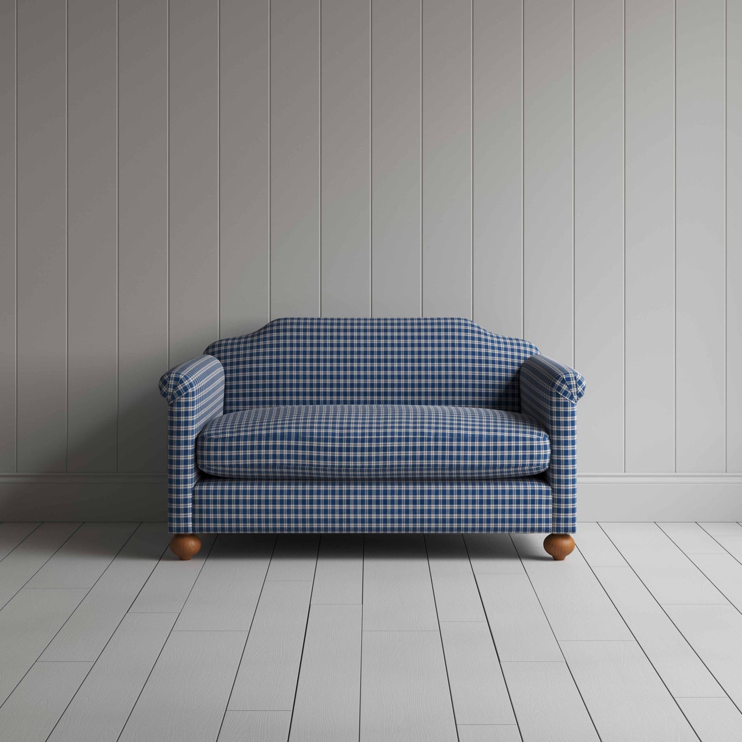 Dolittle 2 Seater Sofa in Well Plaid Cotton, Blue Brown, Front View - Nicola Harding