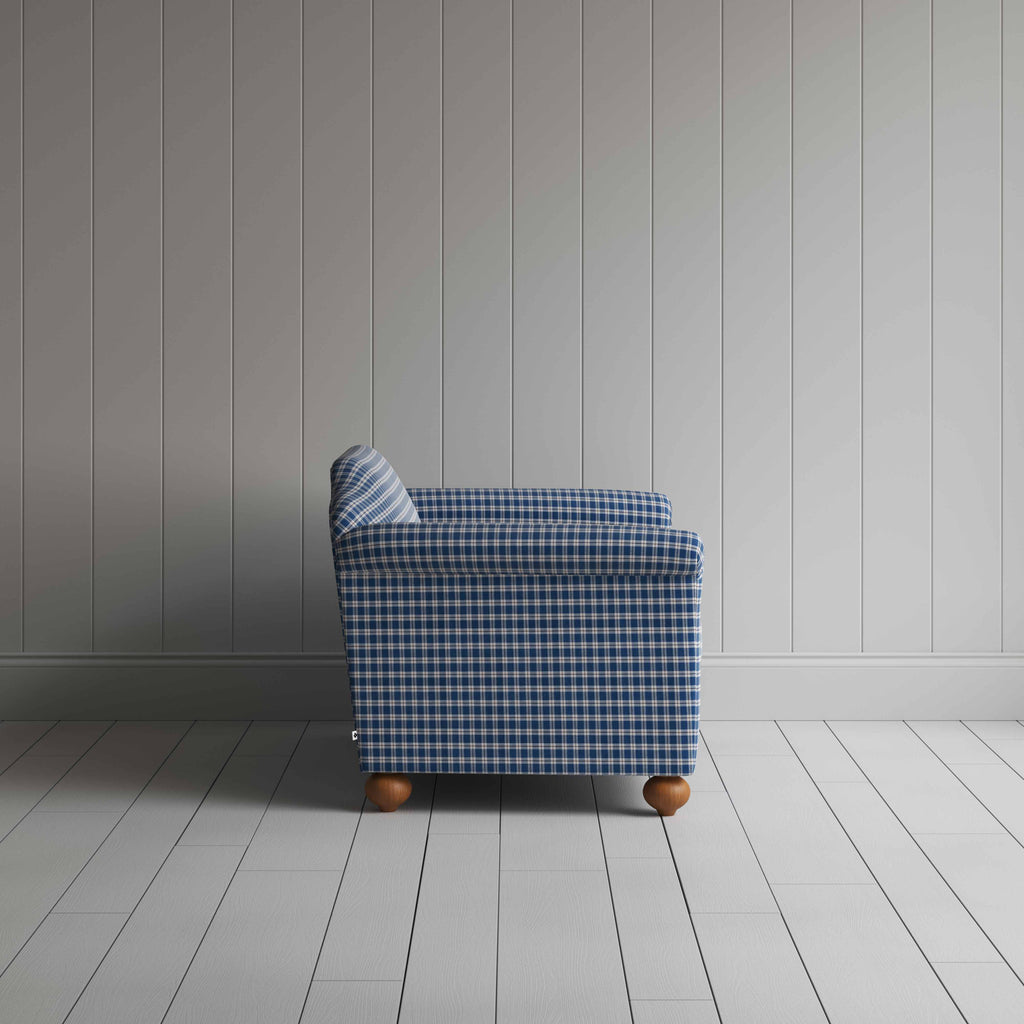 Dolittle 2 Seater Sofa in Well Plaid Cotton, Blue Brown, Side View - Nicola Harding