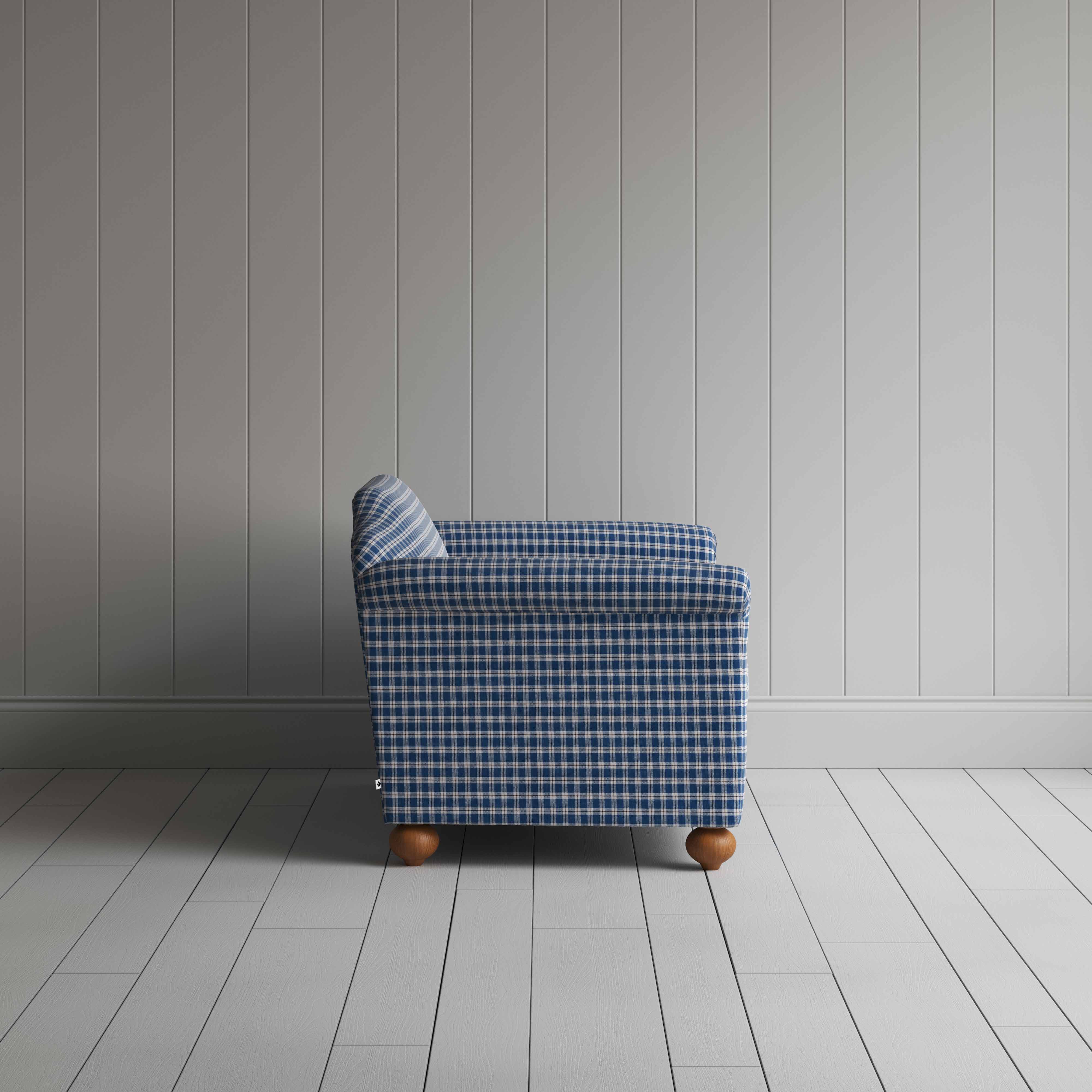 Dolittle 2 Seater Sofa in Well Plaid Cotton, Blue Brown, Side View - Nicola Harding