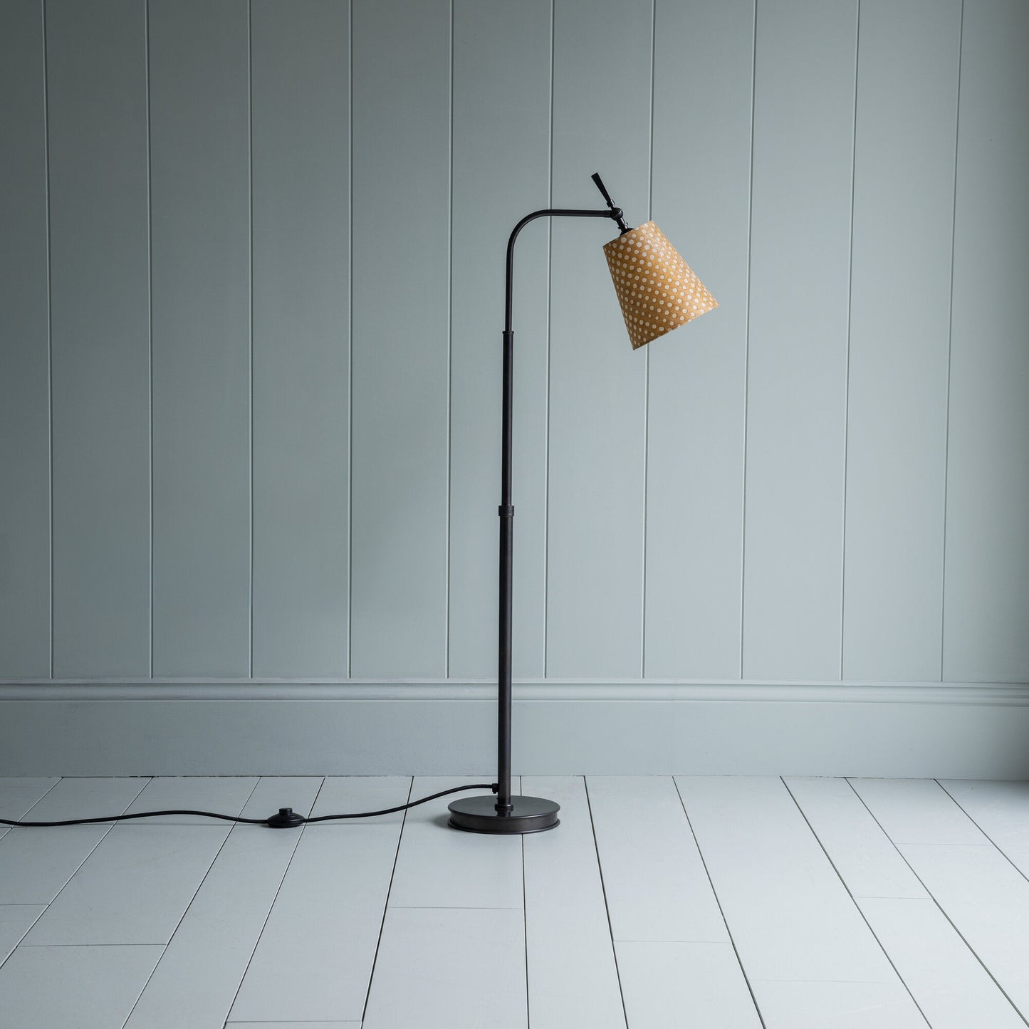 Floor Lamp Base in Waxed Brass With 
Dotted Lampshade