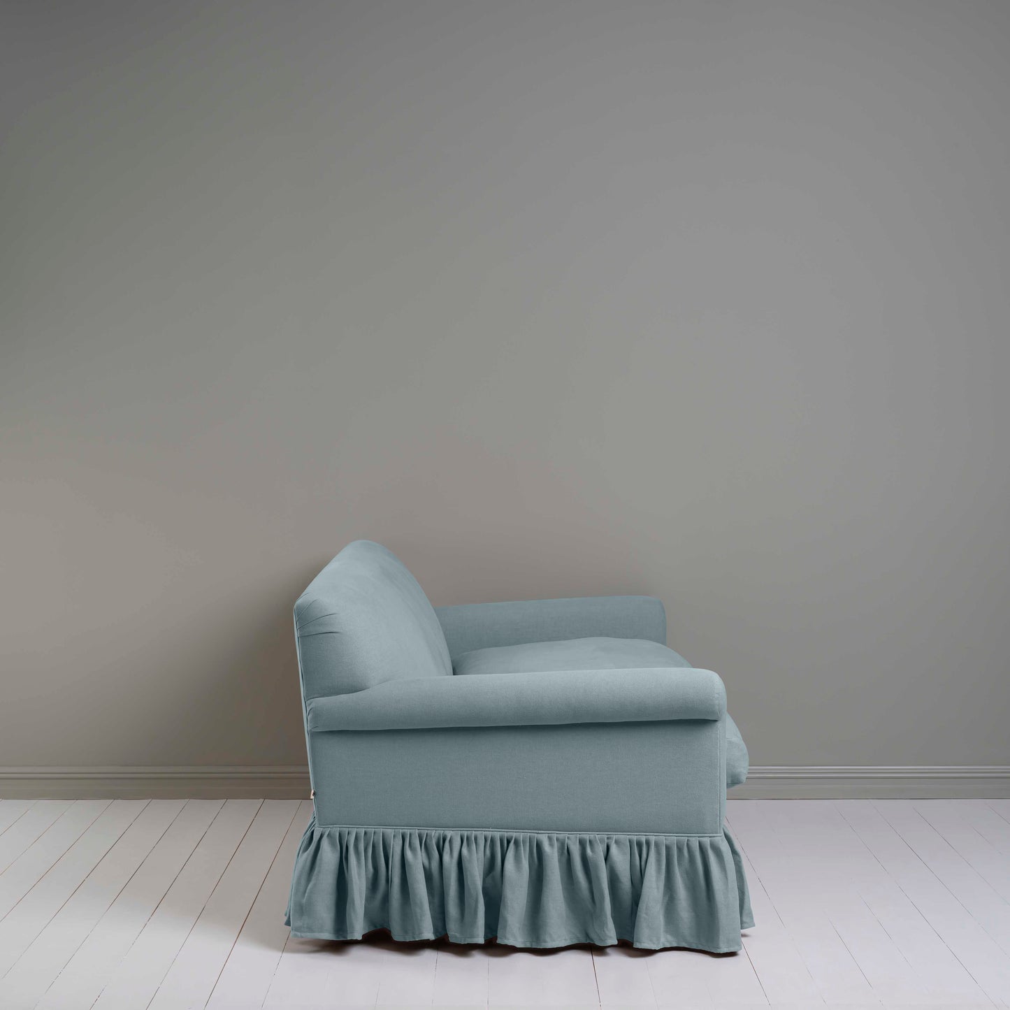 Curtain Call 3 Seater Sofa in Laidback Linen Cerulean, Side View - Nicola Harding