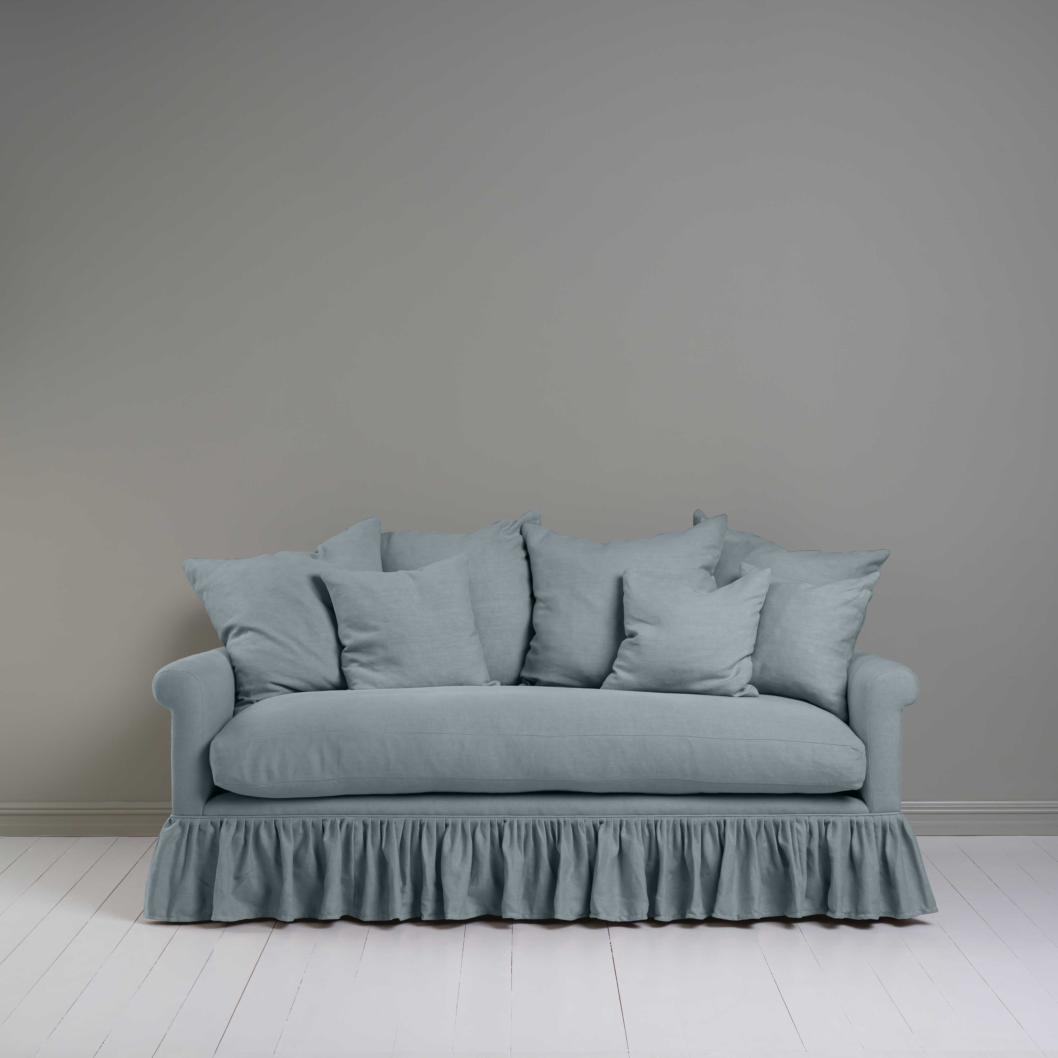Curtain Call 3 Seater Sofa in Laidback Linen Cerulean, With Six Matching Square Cushions - Nicola Harding