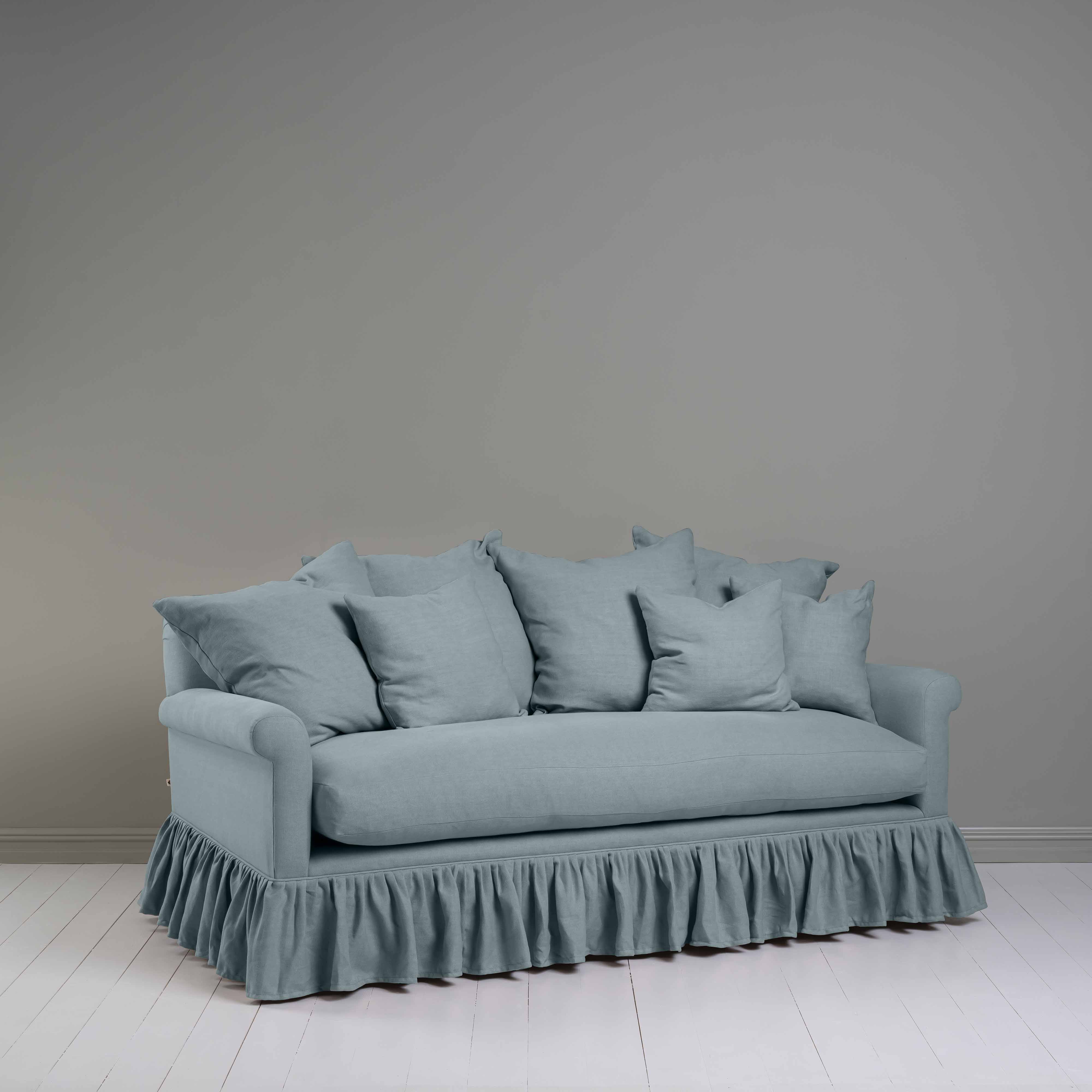 Curtain Call 3 Seater Sofa in Laidback Linen Cerulean, With NiX Special Six Square Cushions - Nicola Harding