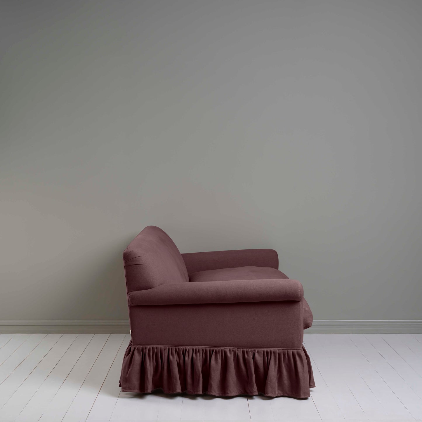 Curtain Call 3 Seater Sofa in Laidback Linen Damson, Side View - Nicola Harding