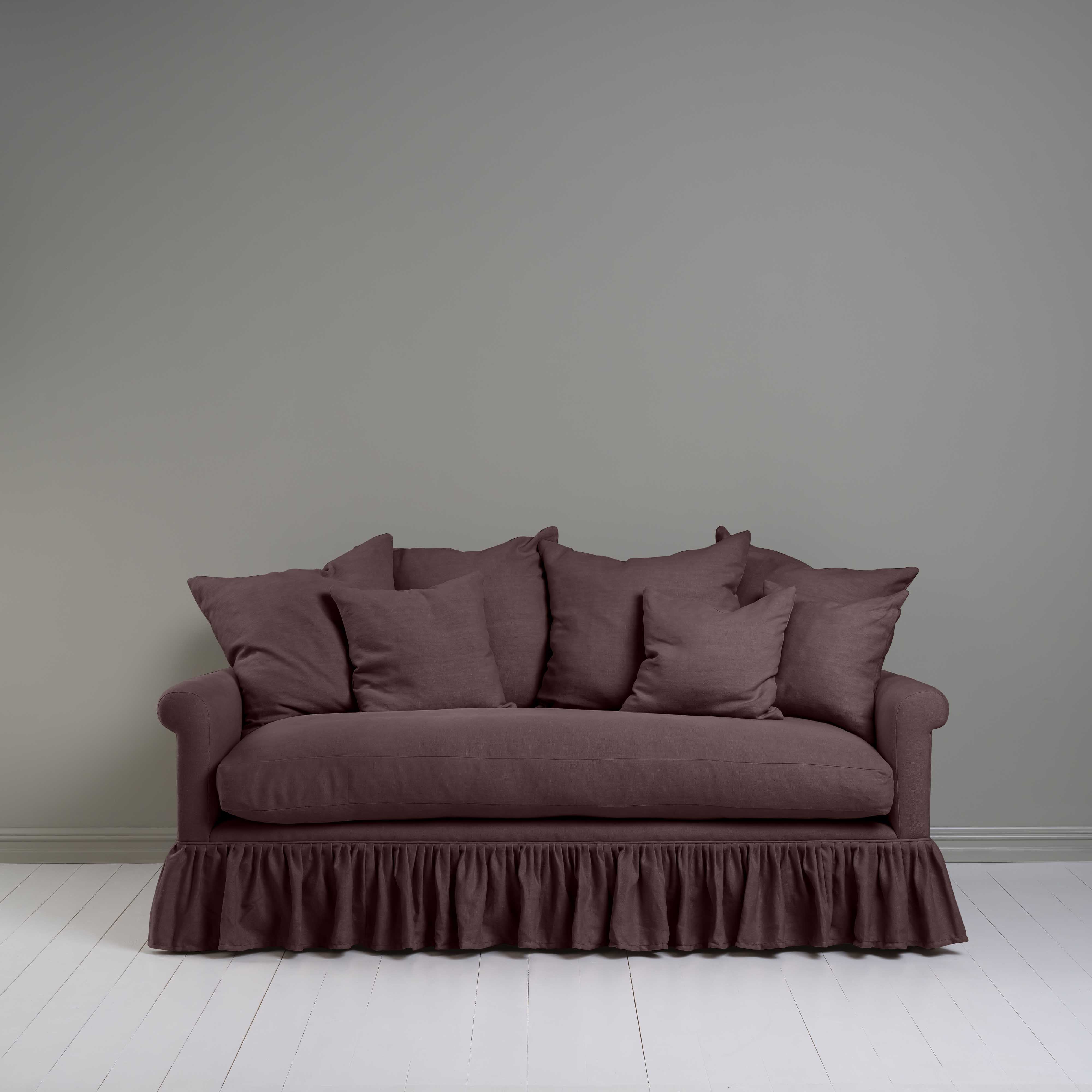 Curtain Call 3 Seater Sofa in Laidback Linen Damson, With Six Matching Square Cushions - Nicola Harding