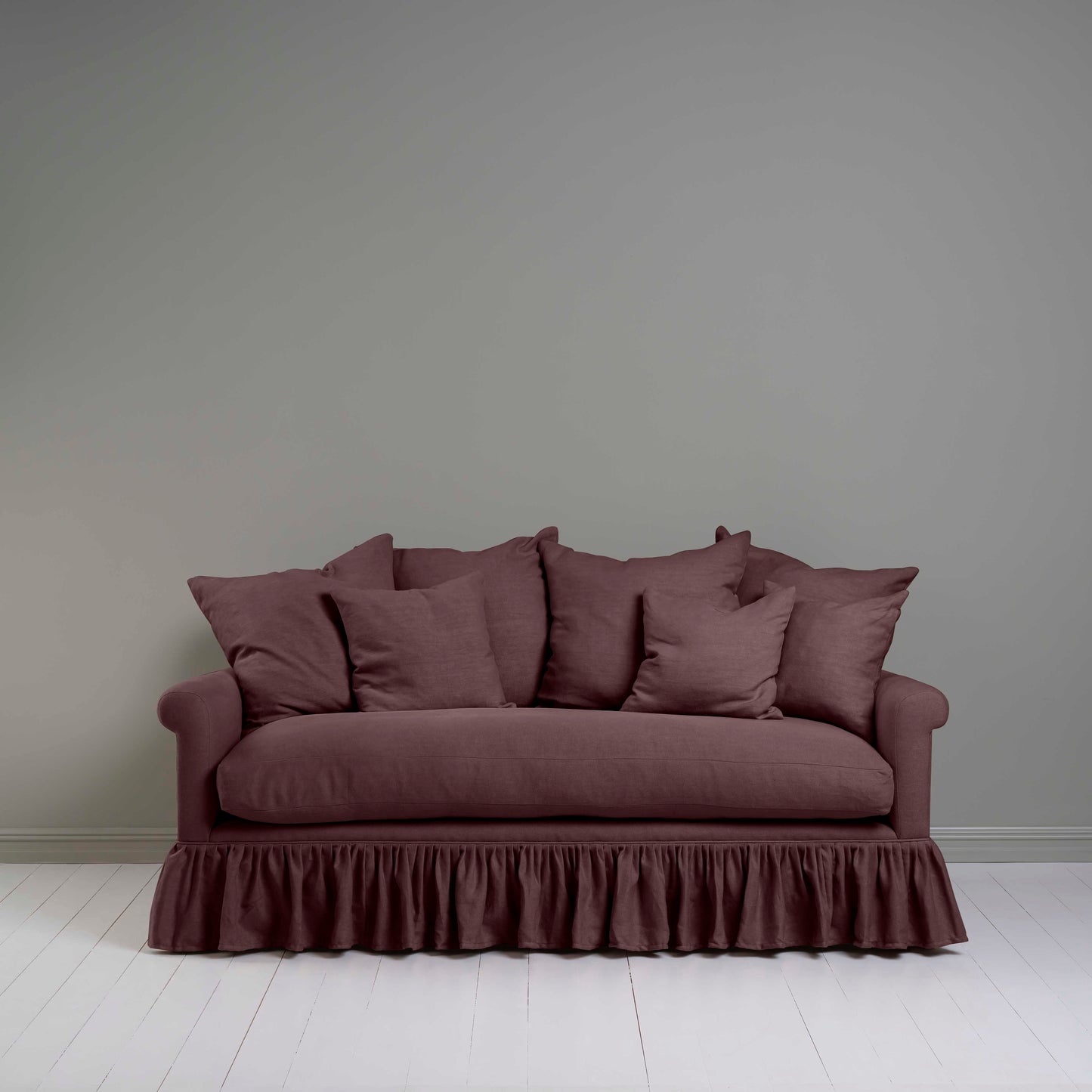 Curtain Call 3 Seater Sofa in Laidback Linen Damson, With Six Matching Square Cushions - Nicola Harding