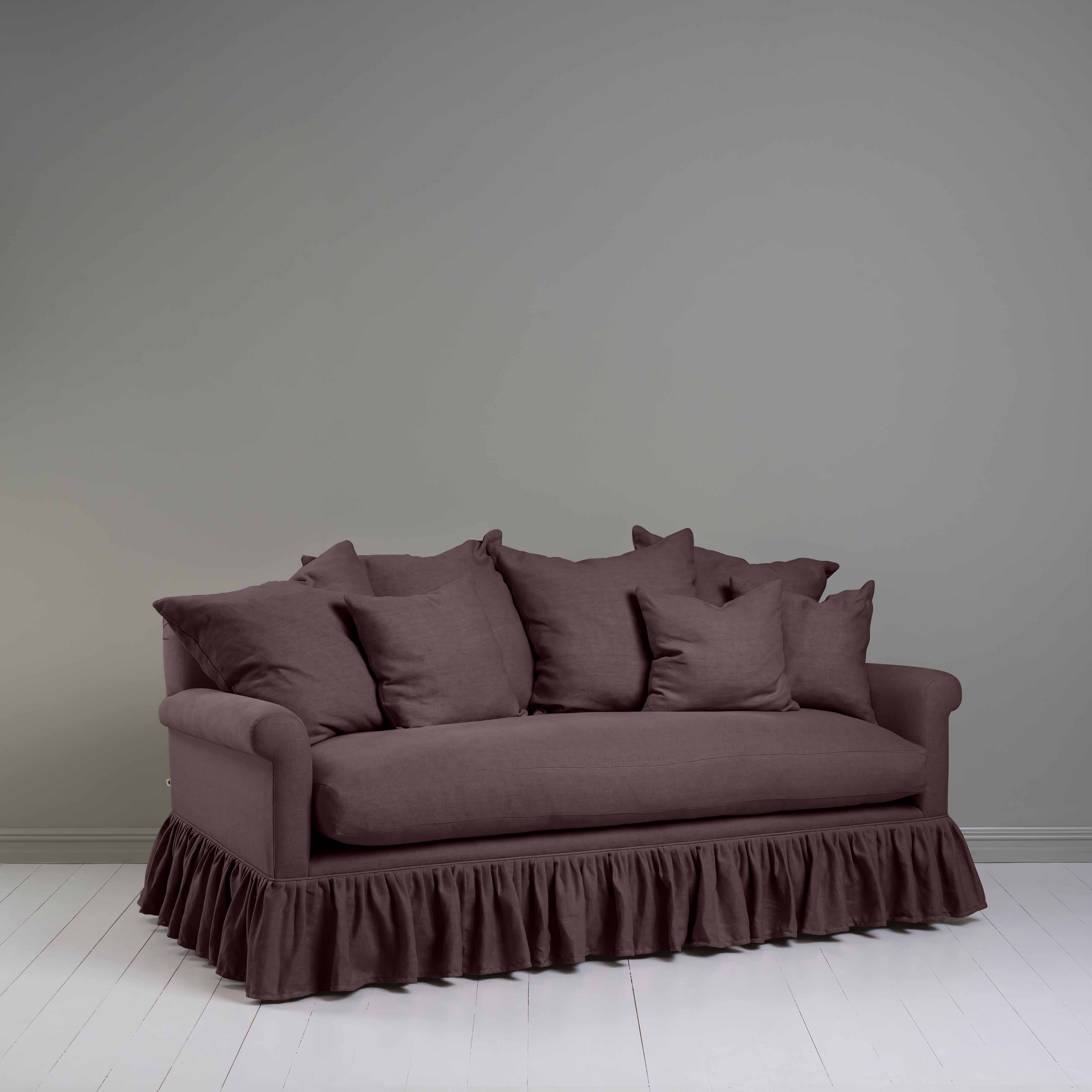 Curtain Call 3 Seater Sofa in Laidback Linen Damson, With NiX Special Six Matching Square Cushions - Nicola Harding