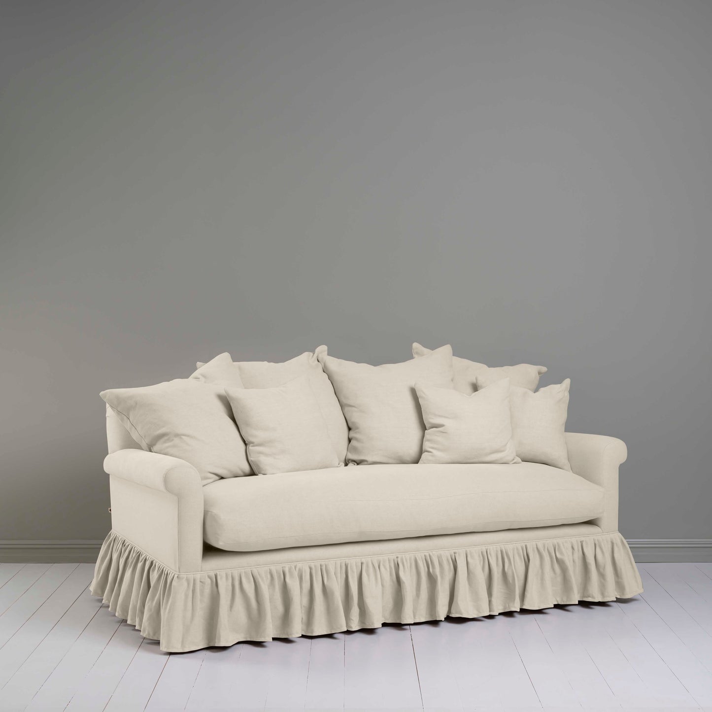 Curtain Call 3 Seater Sofa in Laidback Linen Dove, With Six NiX Special Matching Square Cushions - Nicola Harding