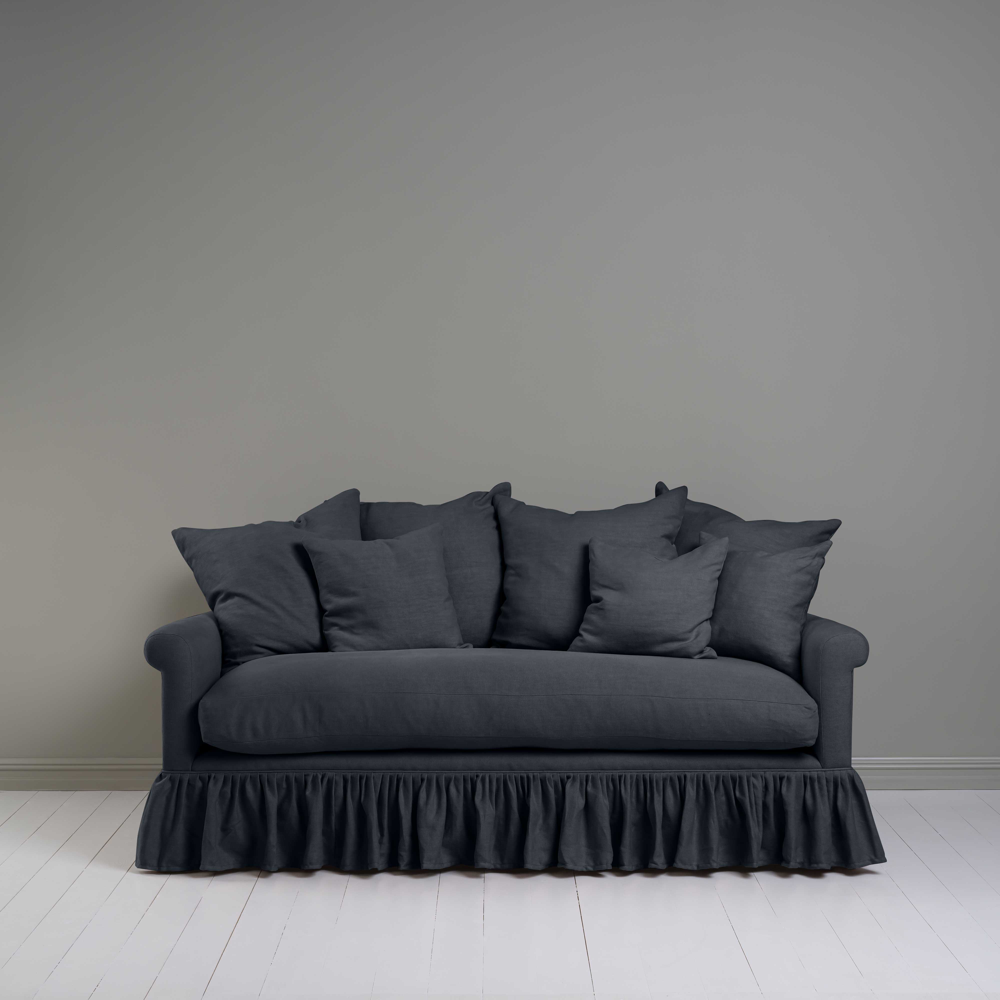 Curtain Call 3 Seater Sofa in Laidback Linen Midnight, With Six Square 
 NiX Cushions - Nicola Harding