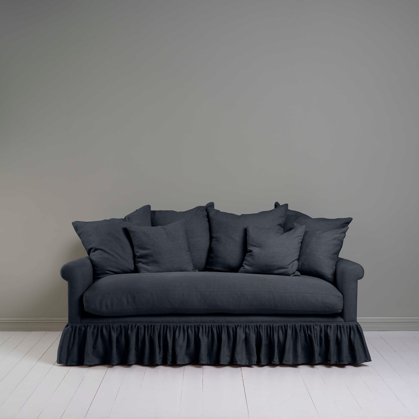 Curtain Call 3 Seater Sofa in Laidback Linen Midnight, With Six Square 
 NiX Cushions - Nicola Harding