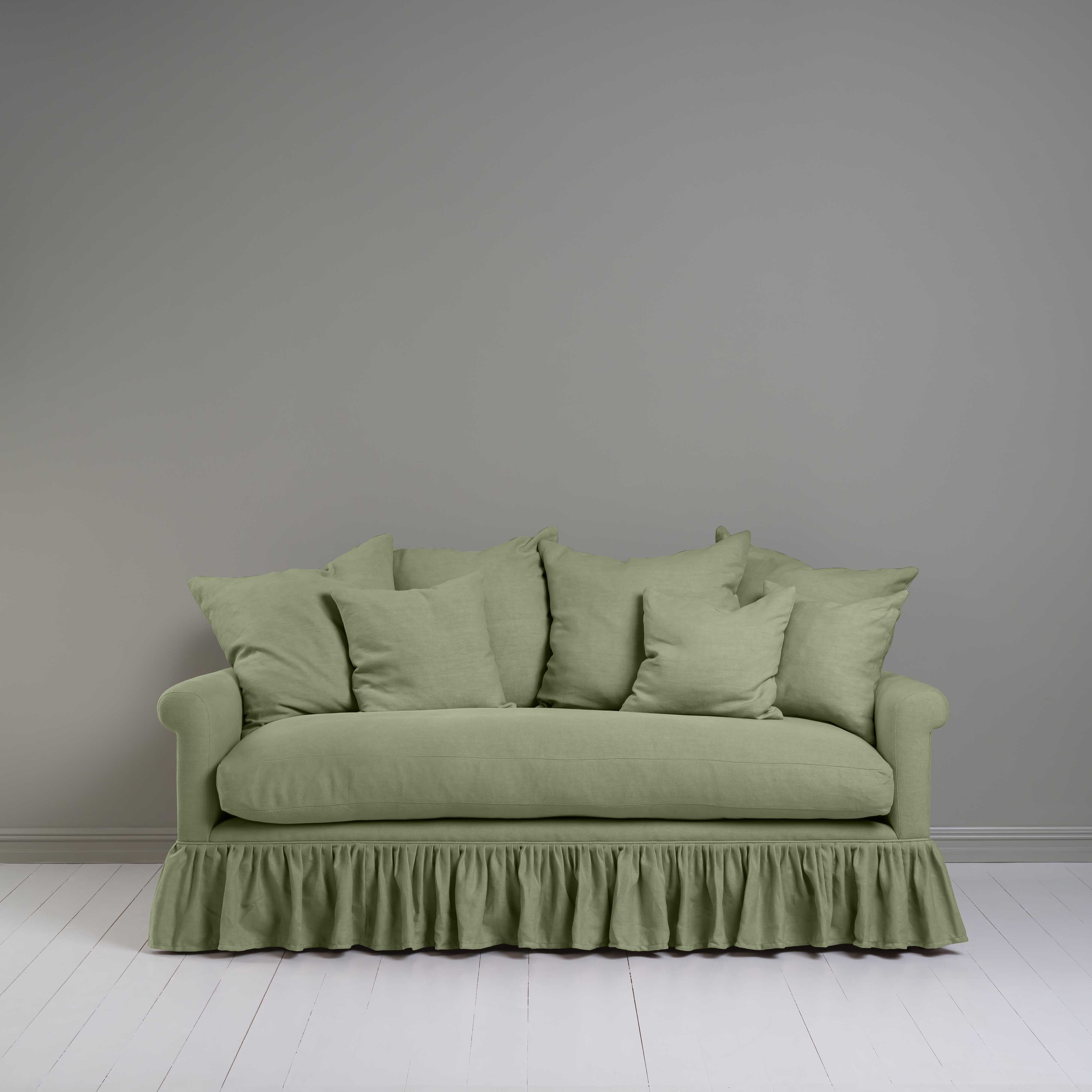 Curtain Call 3 Seater Sofa in Laidback Linen Moss, With 6 Matching Cushions - Nicola Harding
