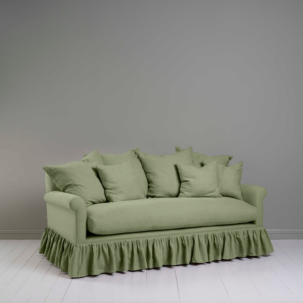 Curtain Call 3 Seater Sofa in Laidback Linen Moss, With Six Square Cushions - Nicola Harding