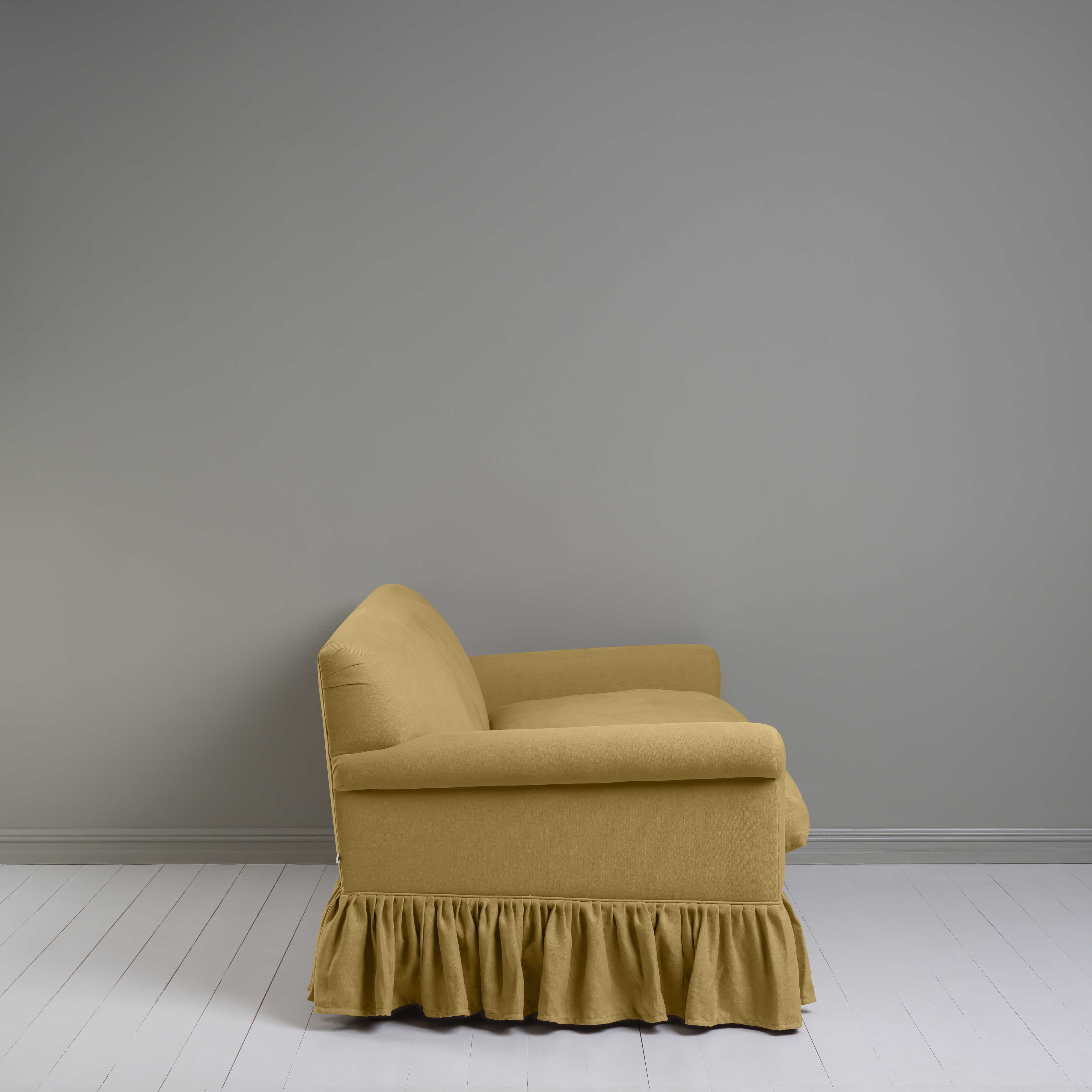 Curtain Call 3 Seater Sofa in Laidback Linen Ochre, Side View - Nicola Harding