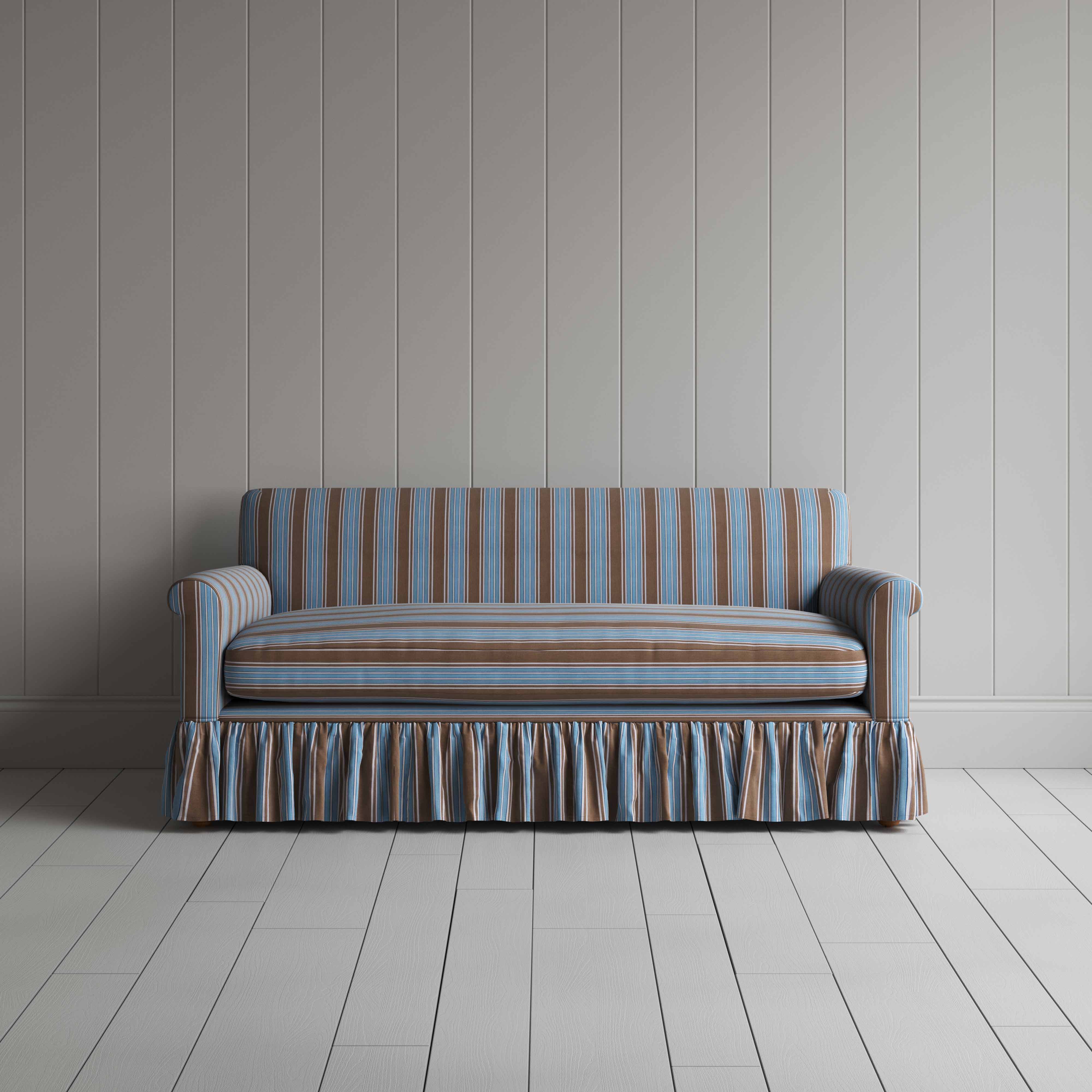 Curtain Call 3 Seater Sofa in Regatta Cotton, Blue, Front View - Nicola Harding
