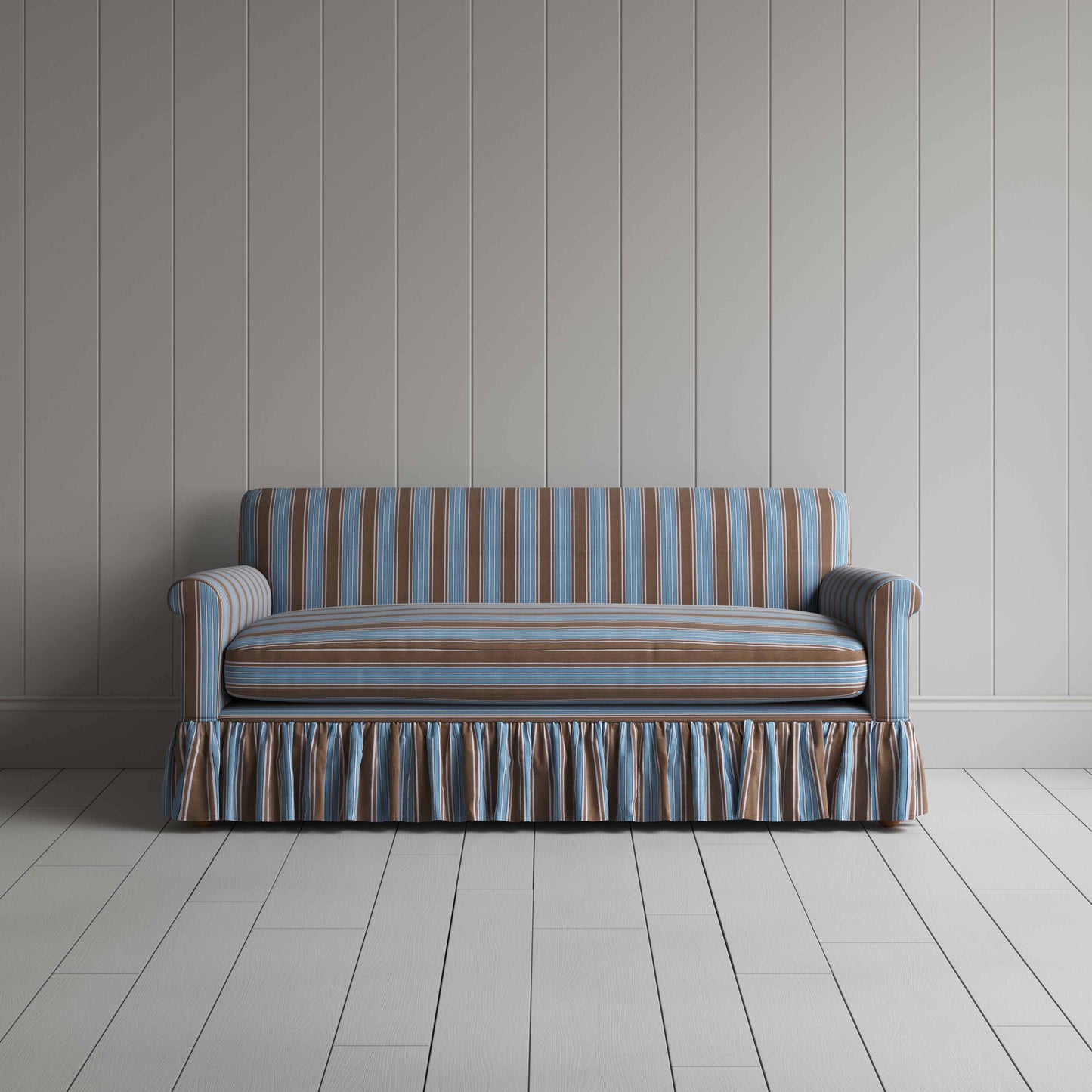 Curtain Call 3 Seater Sofa in Regatta Cotton, Blue, Front View - Nicola Harding