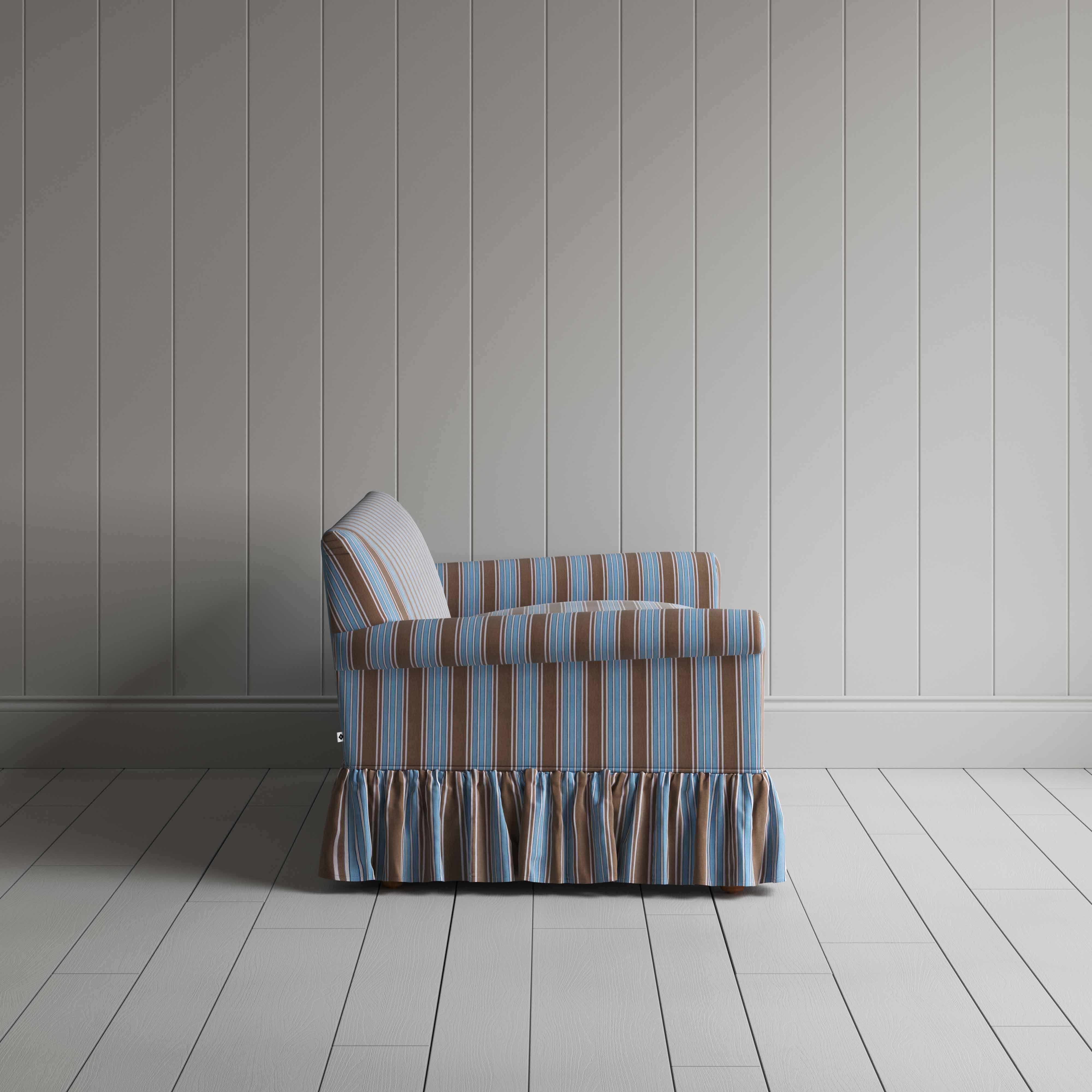 Curtain Call 3 Seater Sofa in Regatta Cotton, Blue, Side View - Nicola Harding