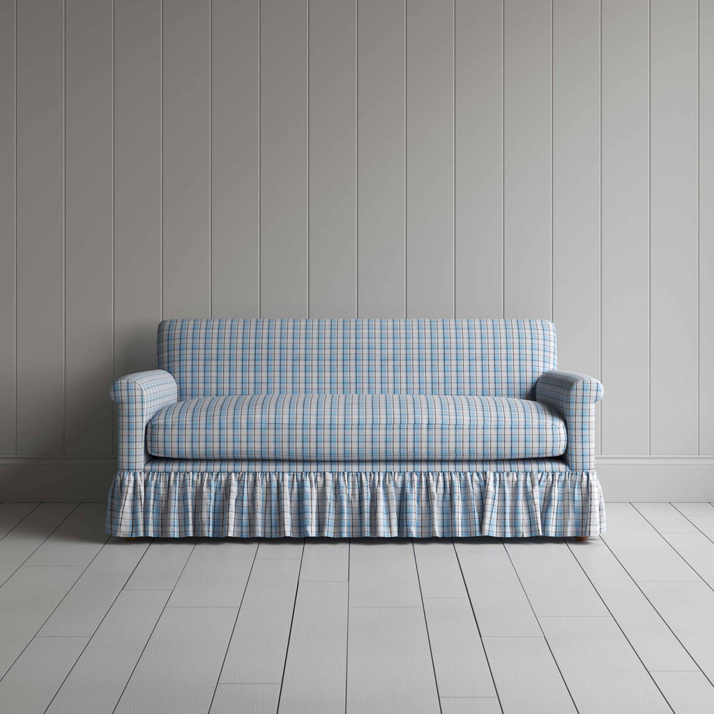 Curtain Call 3 Seater Sofa in Square Deal Cotton, Blue Brown, Front View - Nicola Harding