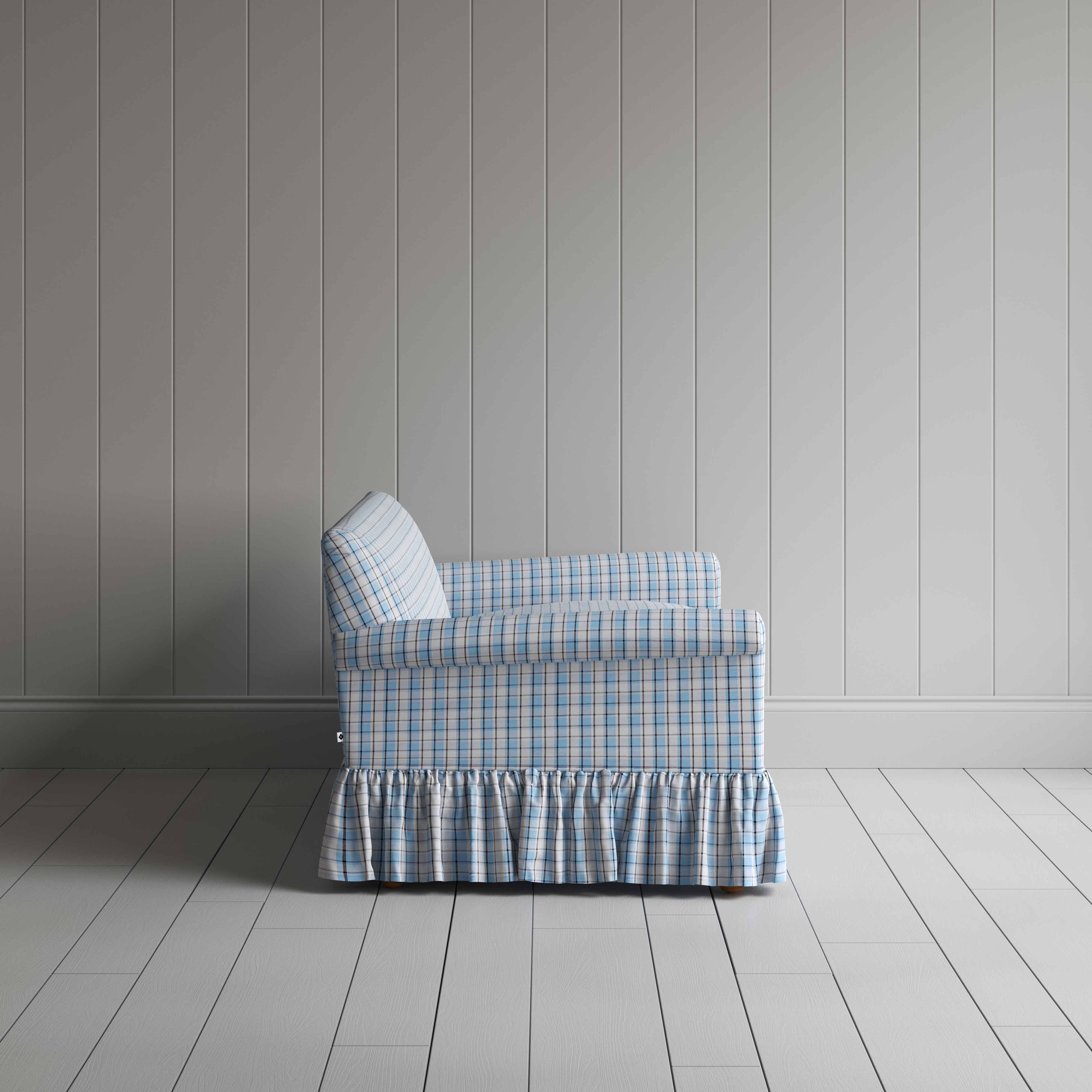 Curtain Call 3 Seater Sofa in Square Deal Cotton, Blue Brown, Side View - Nicola Harding