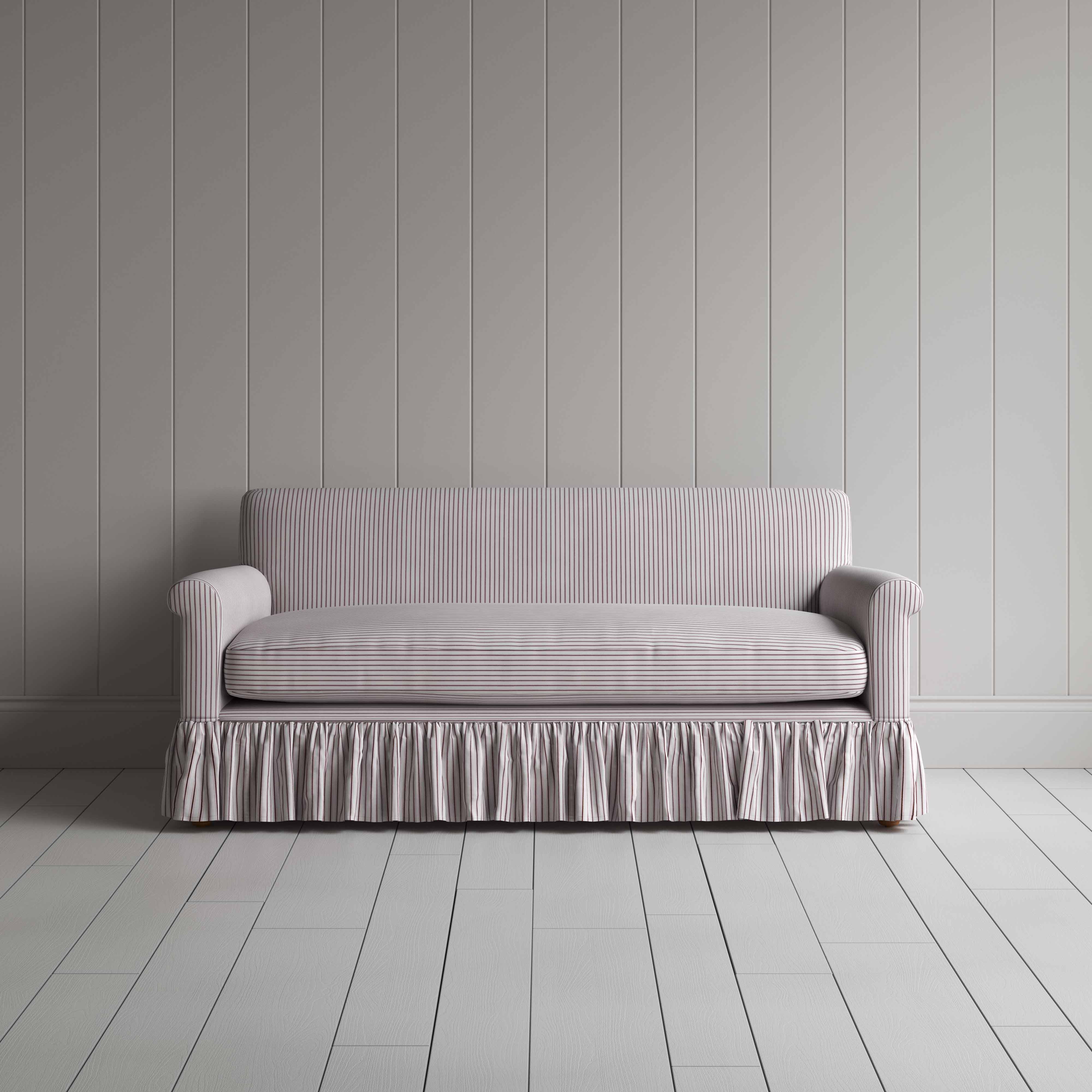 Curtain Call 3 Seater Sofa in Ticking Cotton, Berry, Front View - Nicola Harding