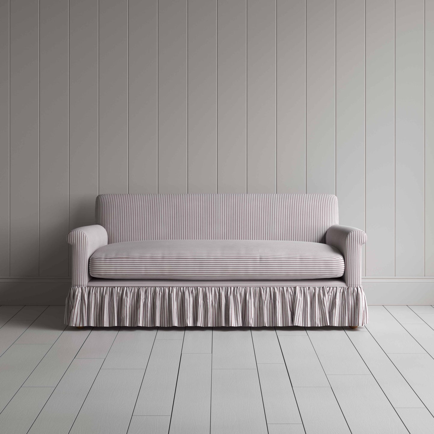 Curtain Call 3 Seater Sofa in Ticking Cotton, Berry, Front View - Nicola Harding