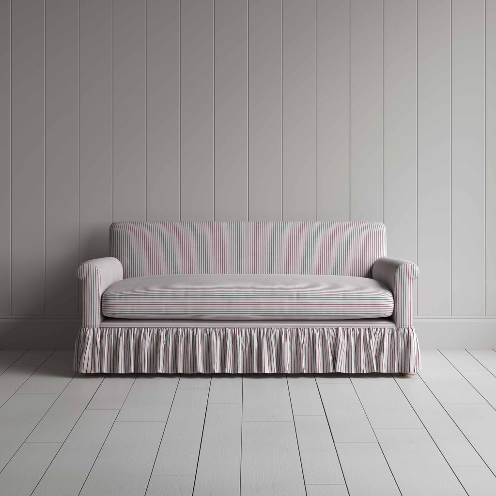 Curtain Call 3 Seater Sofa in Ticking Cotton, Berry, Front View - Nicola Harding