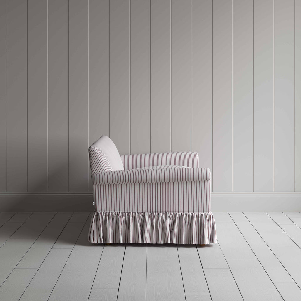 Curtain Call 3 Seater Sofa in Ticking Cotton, Berry, Side View - Nicola Harding