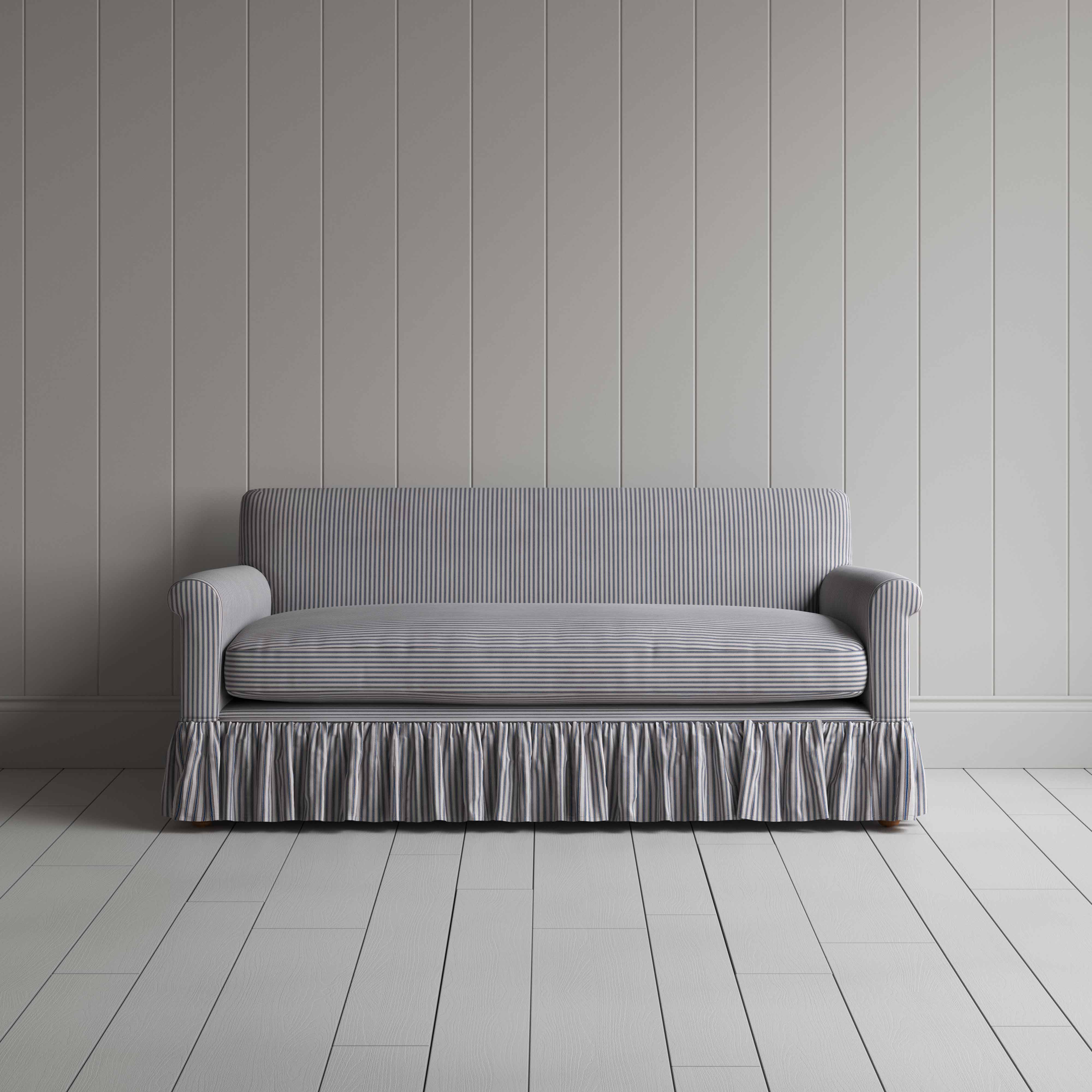 Curtain Call 3 Seater Sofa in Ticking Cotton, Blue Brown, Front View - Nicola Harding