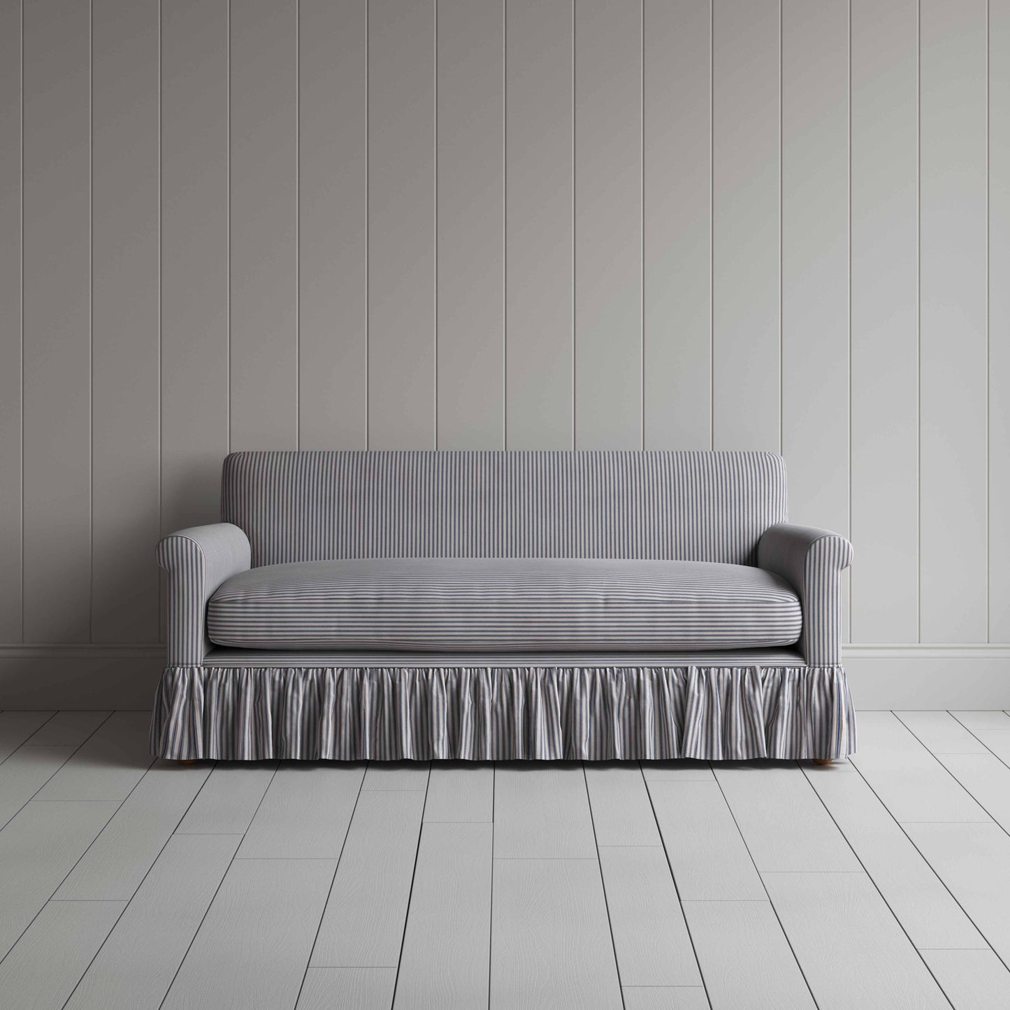 Curtain Call 3 Seater Sofa in Ticking Cotton, Blue Brown, Front View - Nicola Harding