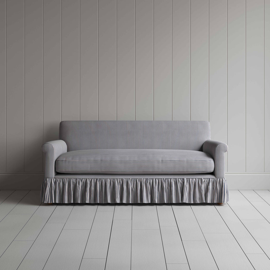 Curtain Call 3 Seater Sofa in Ticking Cotton, Blue Brown, Front View - Nicola Harding