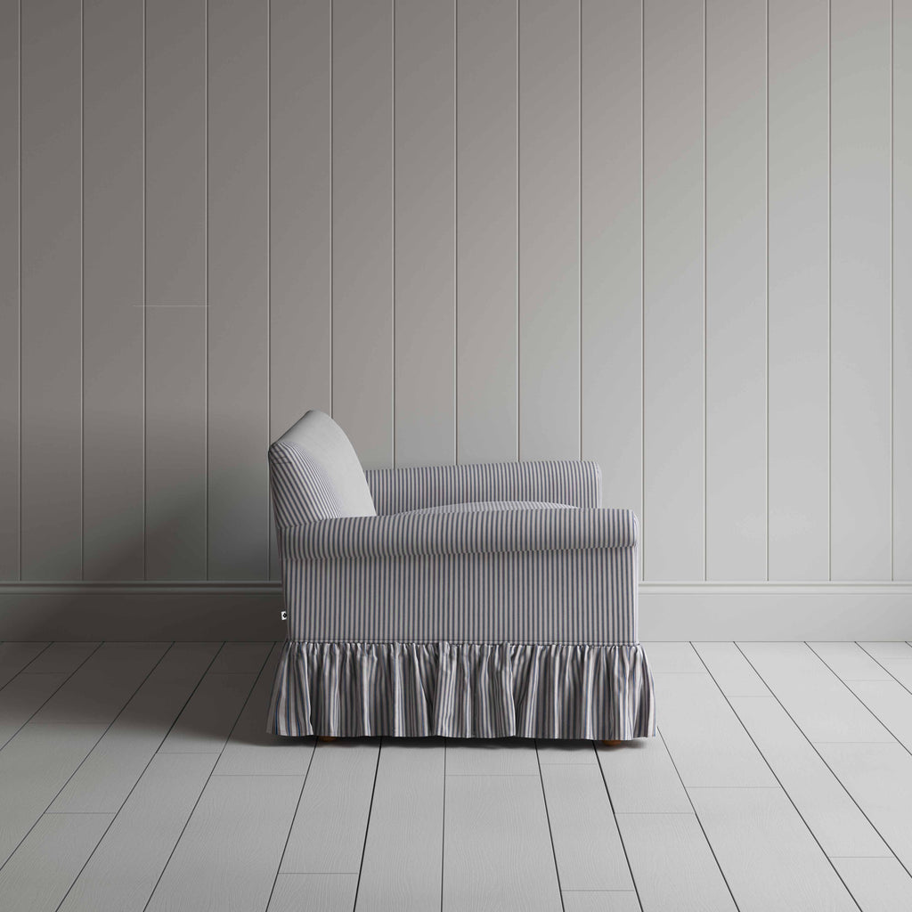 Curtain Call 3 Seater Sofa in Ticking Cotton, Blue Brown, Side View - Nicola Harding