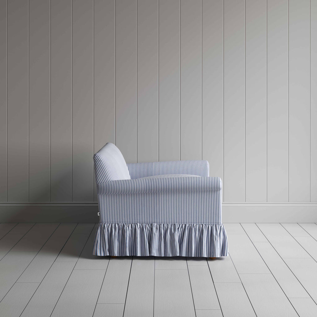 Curtain Call 3 Seater Sofa in Ticking Cotton, Aqua Brown, Side View - Nicola Harding