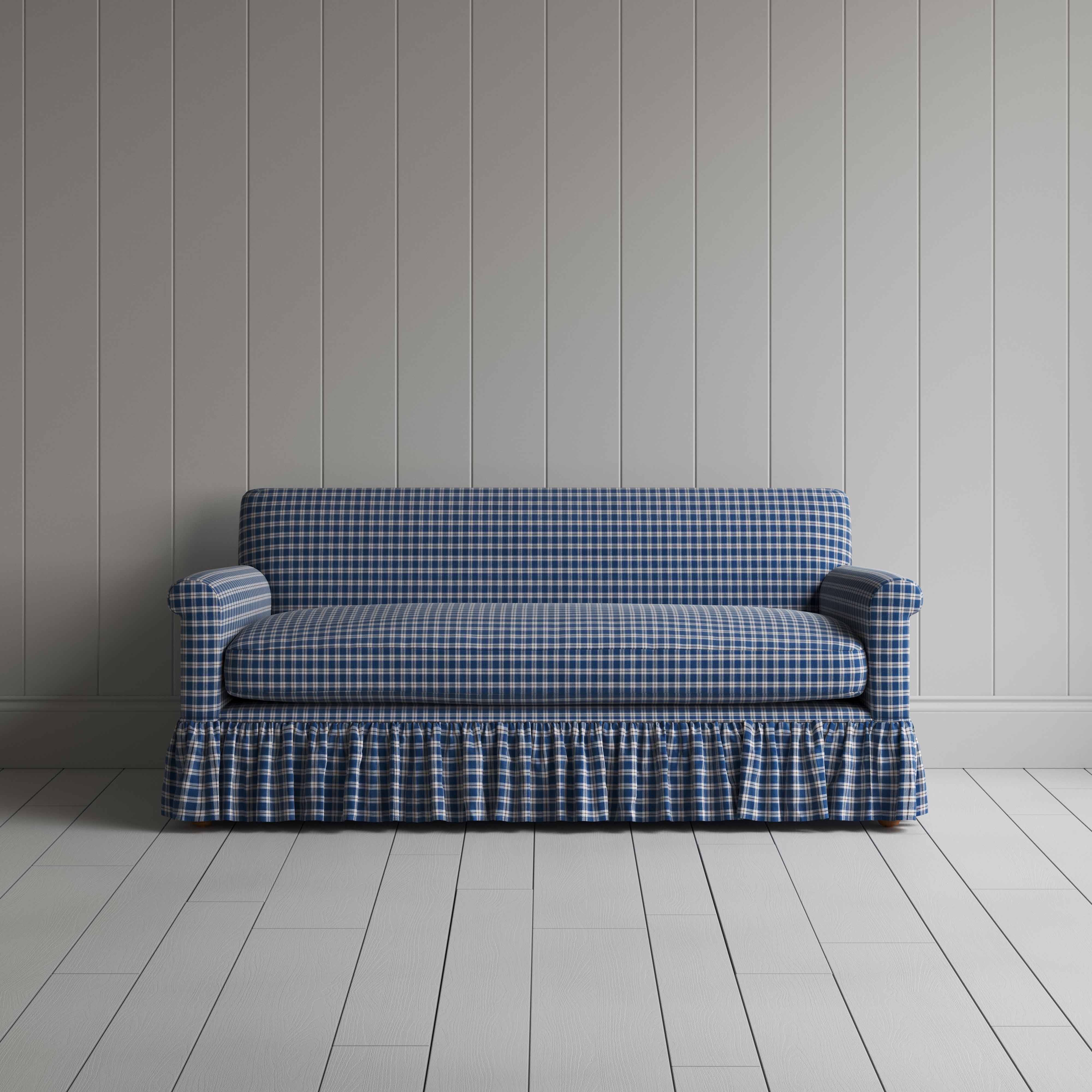 Curtain Call 3 Seater Sofa in Well Plaid Cotton, Blue Brown, Front View - Nicola Harding
